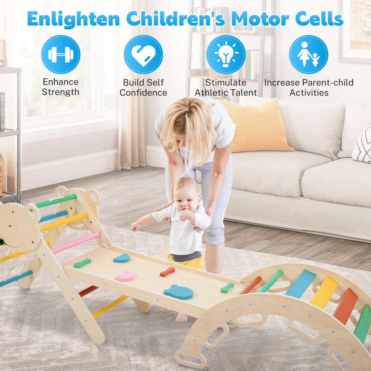 iYofe Pikler Triangle Set, Wooden Toddler Climber with Arch, Ramp, Climbing Net and 2 Wooden Cars, Indoor Play Gym for Ages 1-3