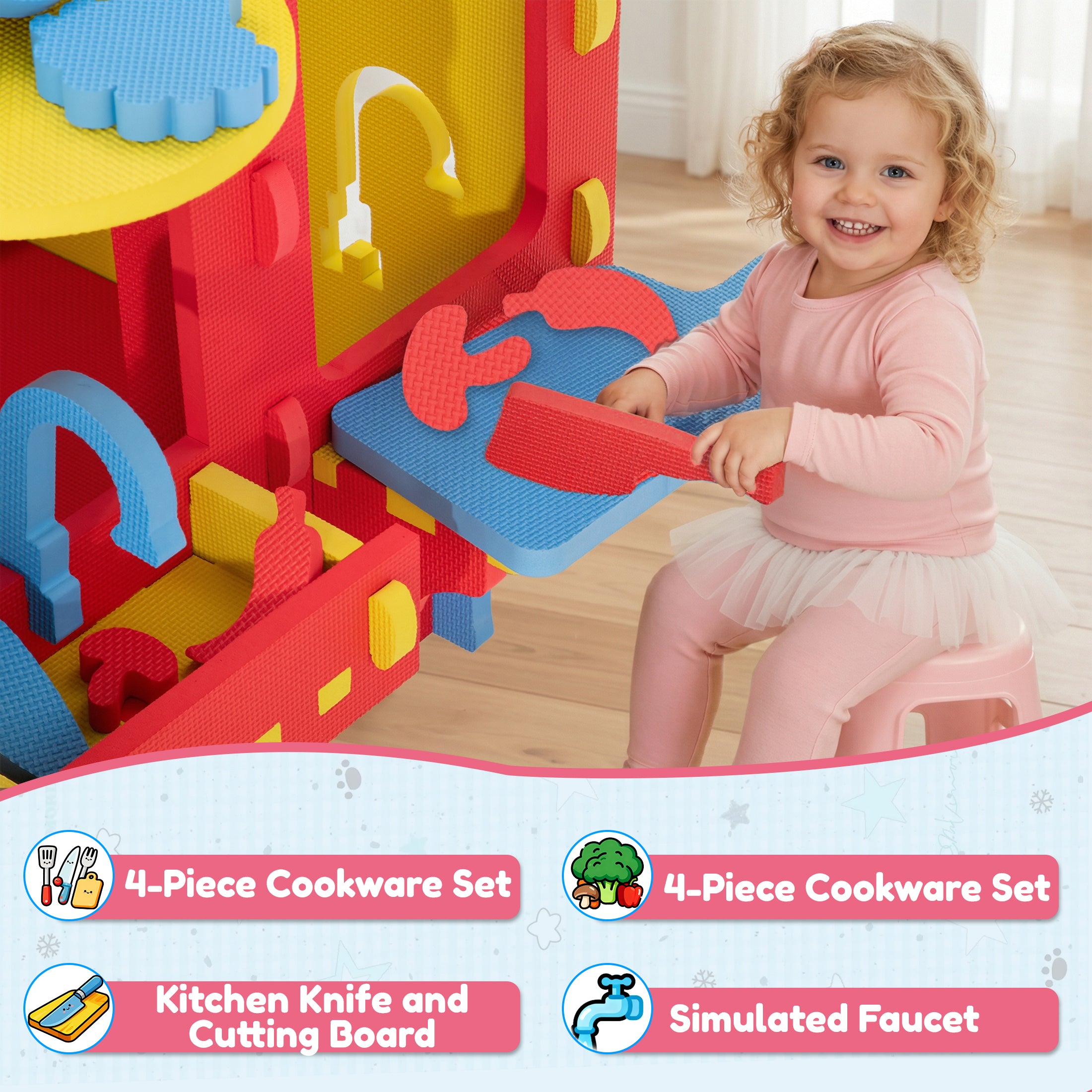 iYofe Playhouse for Kids Toddlers, Indoor & Outdoor PlayHouse, EVA Play Houses with Pretend Kitchen/Food/Cookware Set/Chair, Girls Boys Pretend Play Toy Gift, Screwless Easy Assembly