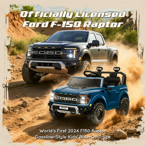 24V Ride on Toys for Big Kids, Ford F150 Raptor Battery Powered 2 Seater Ride on Cars with Remote Control, Electric Car Truck w/4 Wheelers/Bluetooth & Lights for Kids Girls Boys Ages 4-8, Blue