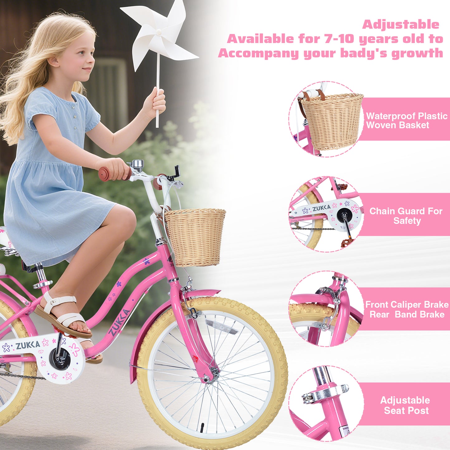 Girls Bike 20inch with Basket and Backseat, Front Caliper Brake and Rear Dand Brakes, Kids Bicycle for 7-10 Years Old, Single Speed