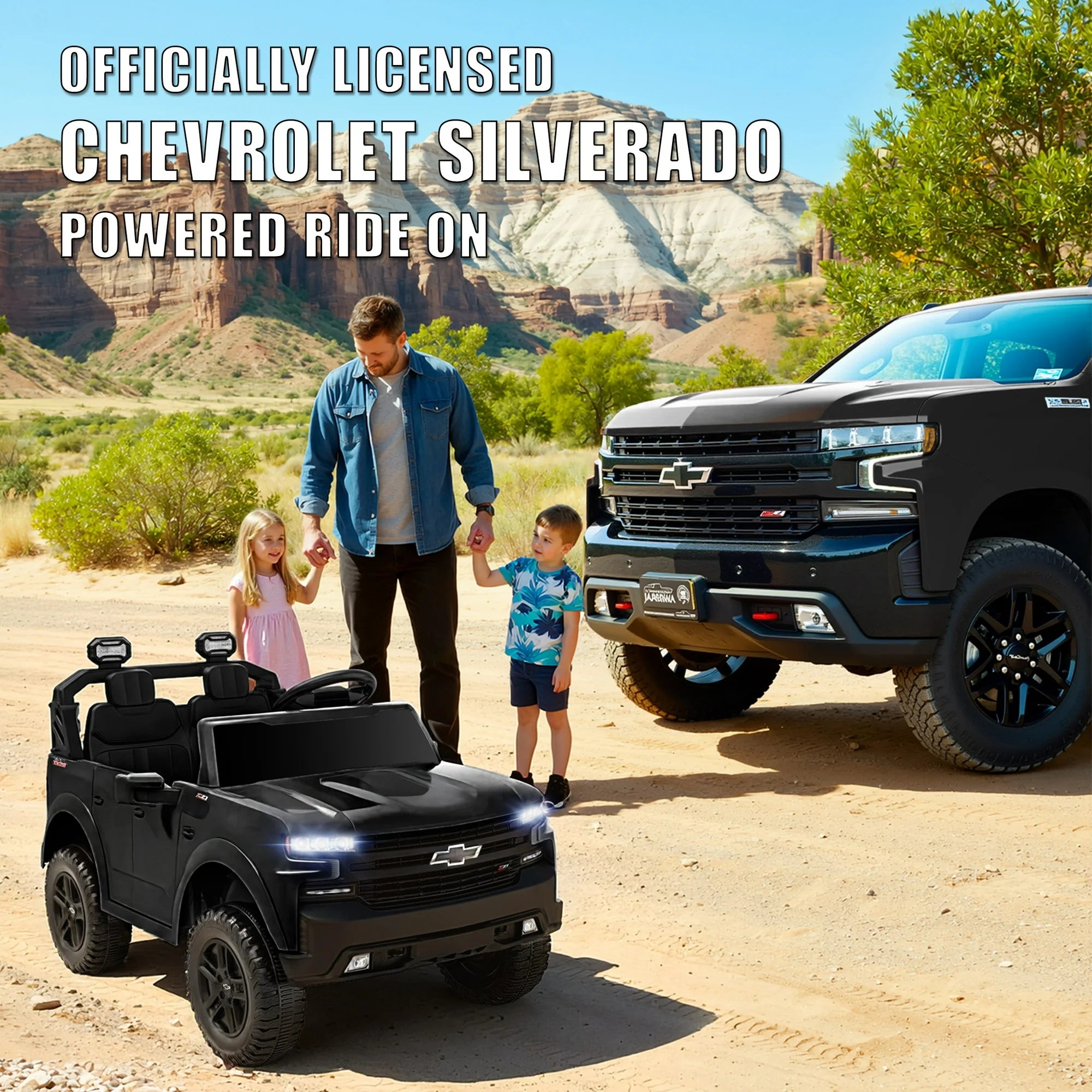 Chevrolet Silverado 24V Powered Ride on Cars for Kids, Extra large Real 2 Seat Ride on Toys with Remote Control, LED Light, MP3 Player, Electric Vehicles Ride on Truck for Boys Girls Gifts, Black