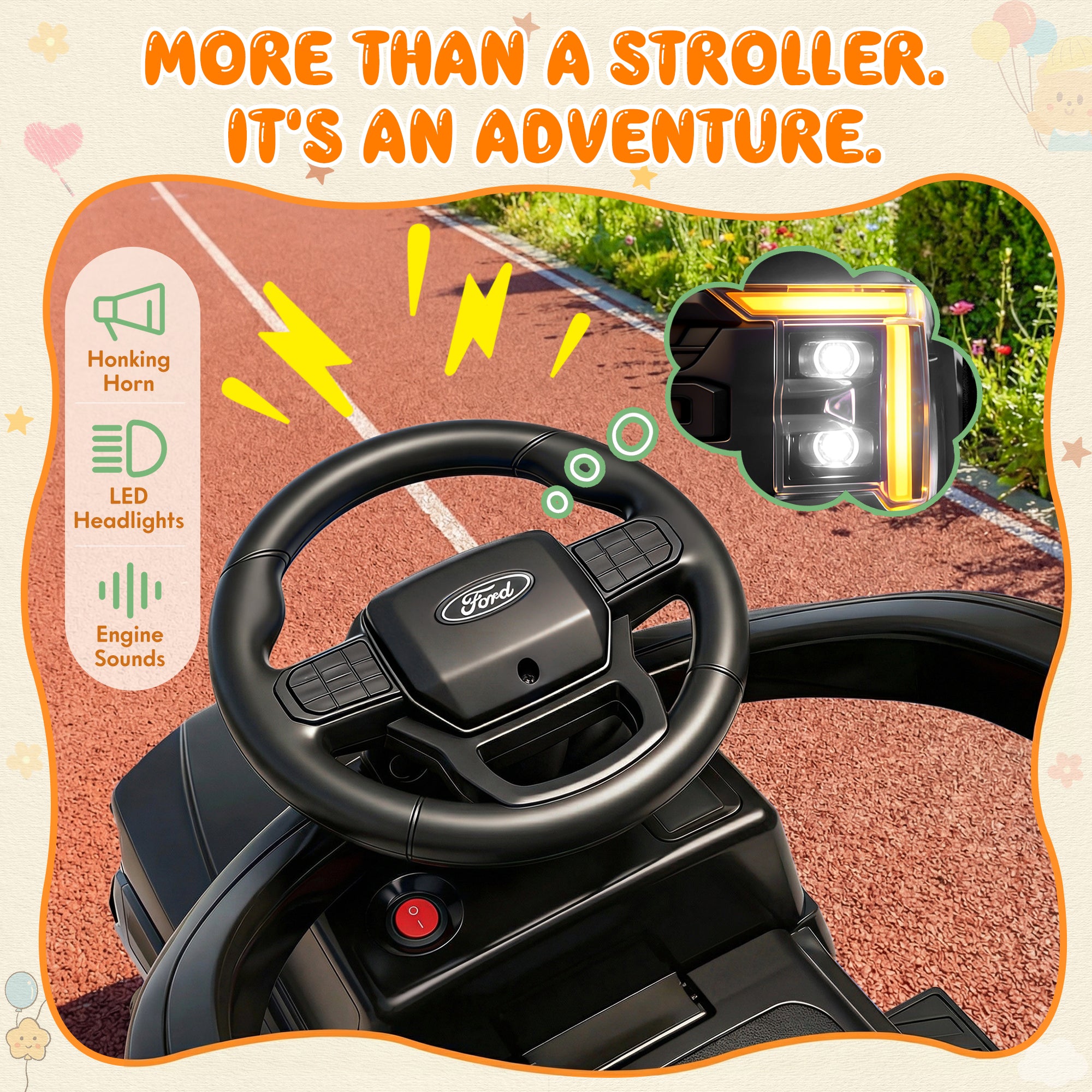 iYofe 3 In 1 Push Cars for Kids, Licensed Ford F-150 Kids Ride On Toys with Removable Parental Handle and Safety Rail, Horn, LED Lights, Ride On Car for Toddler Ages 18-36 Months, Black