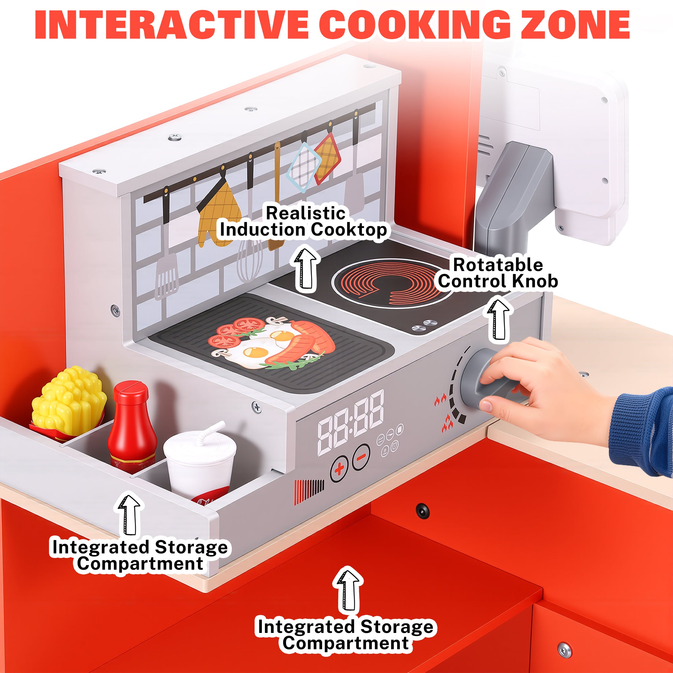 Wooden Pizza Food Truck Activity Center for Kids, 3+ | Play Kitchen for Kids with Wooden Play Food, Ice Cream Cart, Toy Kitchen Sets, Toddler Kitchen Playset, Pretend Play Food Truck Playset, Red