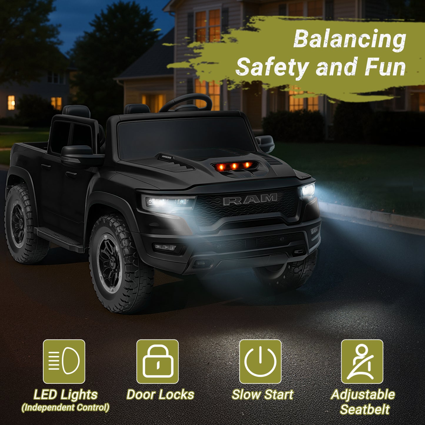 Ram Ride on Car Toys 2 Seater, 24V Ram 1500 Battery Powered Ride on Toy Truck with Remote Control, Electric Car for Kids Girls 3-8 w/ Bluetooth, Rear Storage Trunk, Safety Belt, 4 Wheelers
