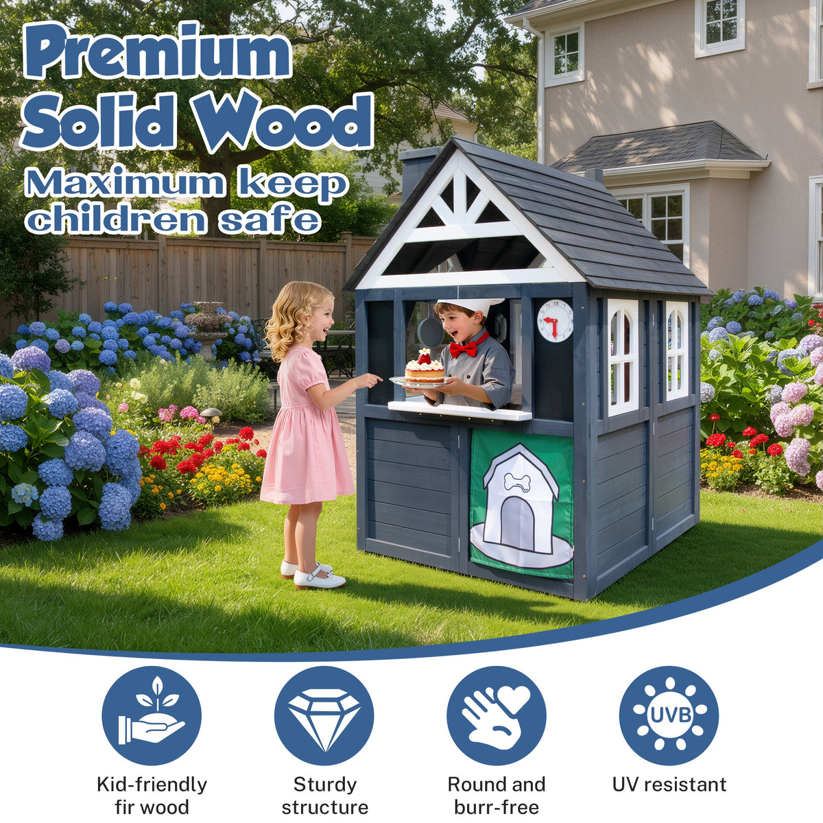 iYofe Outdoor Playhouse, Wooden Playhouse for Kids Play House with Front Door, Flower Pot Holders, Stove, Sink, Doorbell, Windows, Indoor Outdoor Kids Play Equipment Gift for Ages 2+, Black+Blue