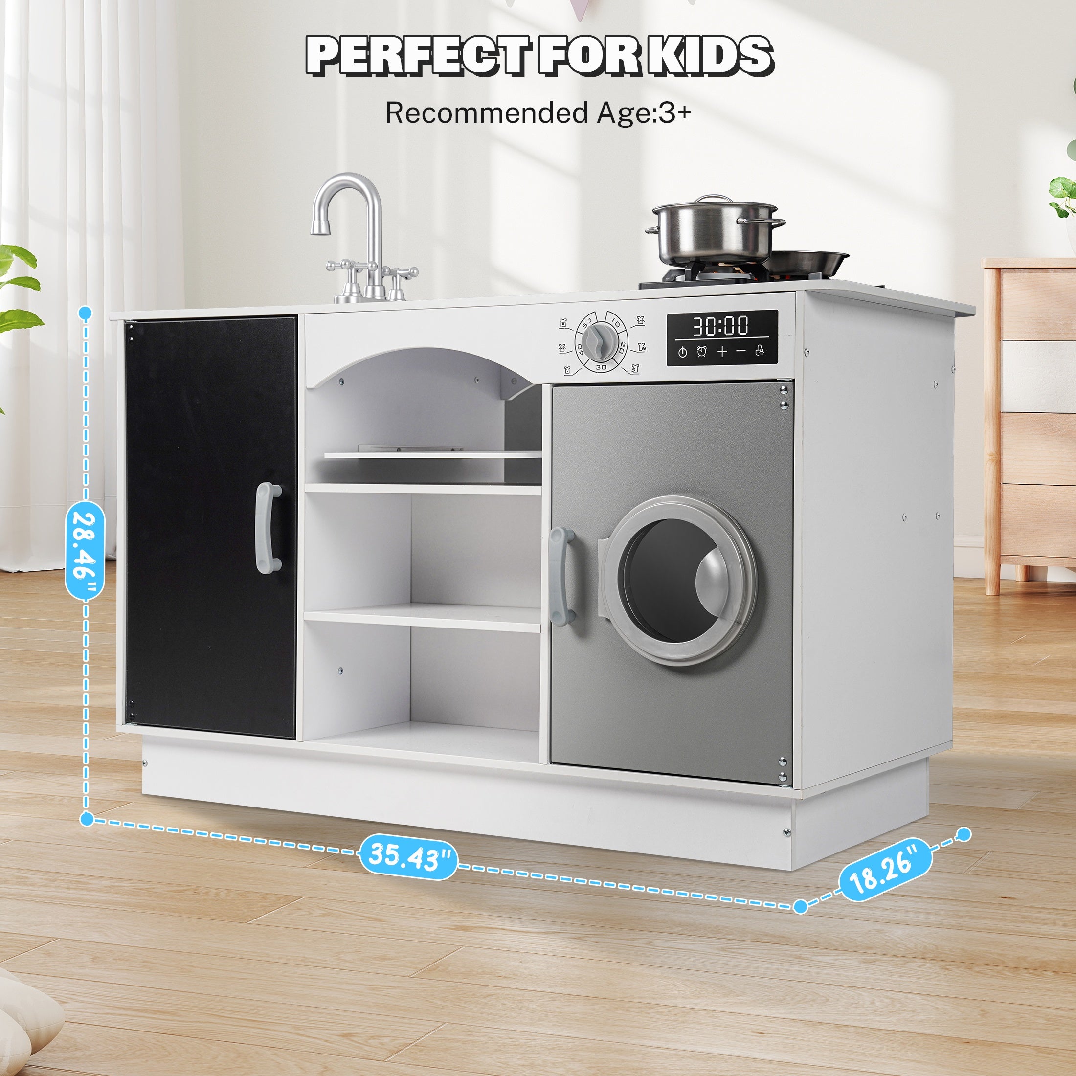 iYofe Island Play Kitchen for Kids, Wooden Kids Play Kitchen Playset Chef Pretend Play Set for Toddlers with Real Lights & Sounds, 7 Accessories, Toy Kitchen Set or Girls Boys Gift for Ages 3+, White