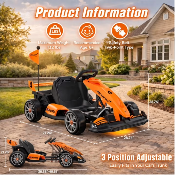 24V Electric Go Kart for Kids, McLaren Powered Drift Racing Go Cart W/ 400W Motor, Adjustable Seat, Kids Race Pedal Ride on Car Toy for Boy Girl