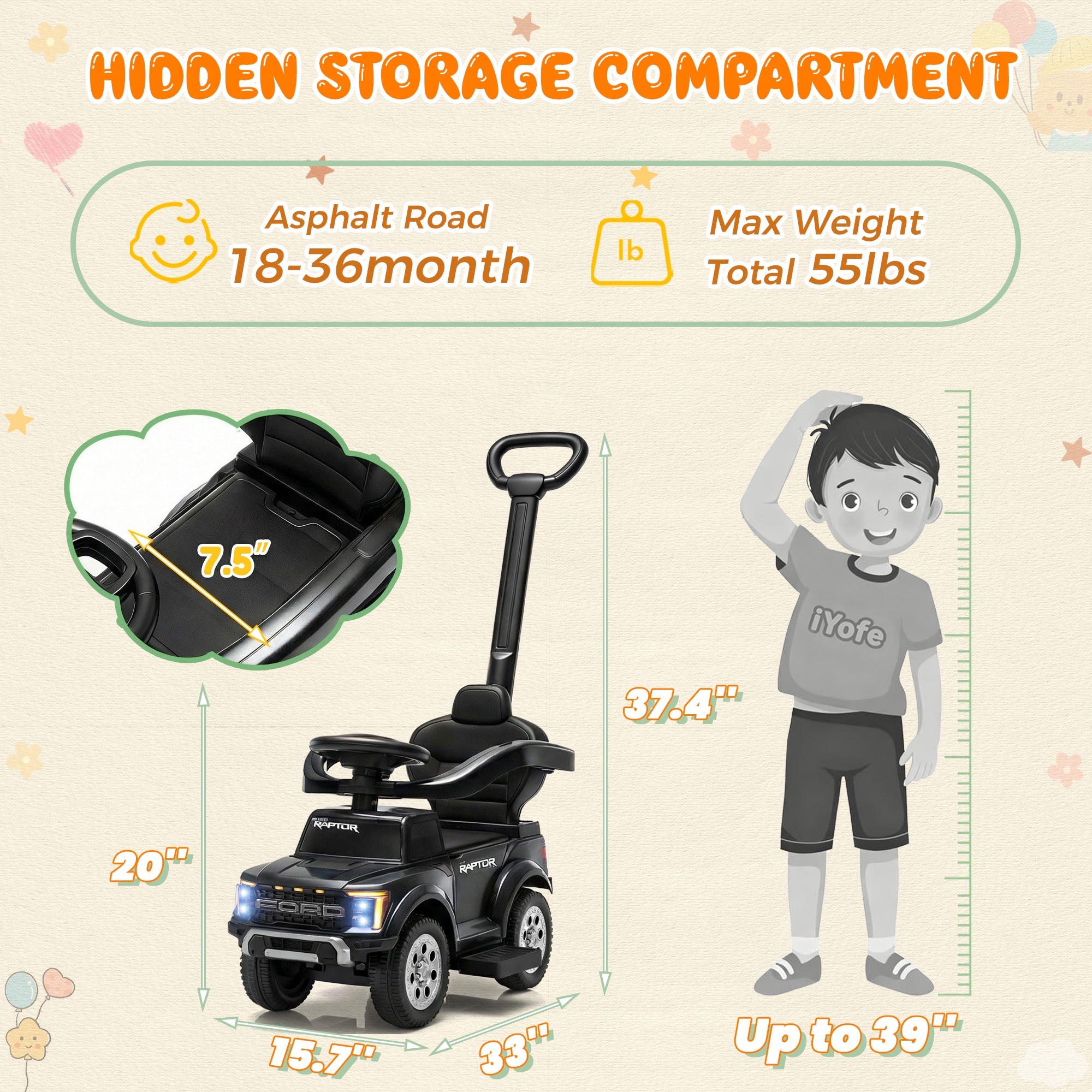 iYofe 3 In 1 Push Cars for Kids, Licensed Ford F-150 Kids Ride On Toys with Removable Parental Handle and Safety Rail, Horn, LED Lights, Ride On Car for Toddler Ages 18-36 Months, Black