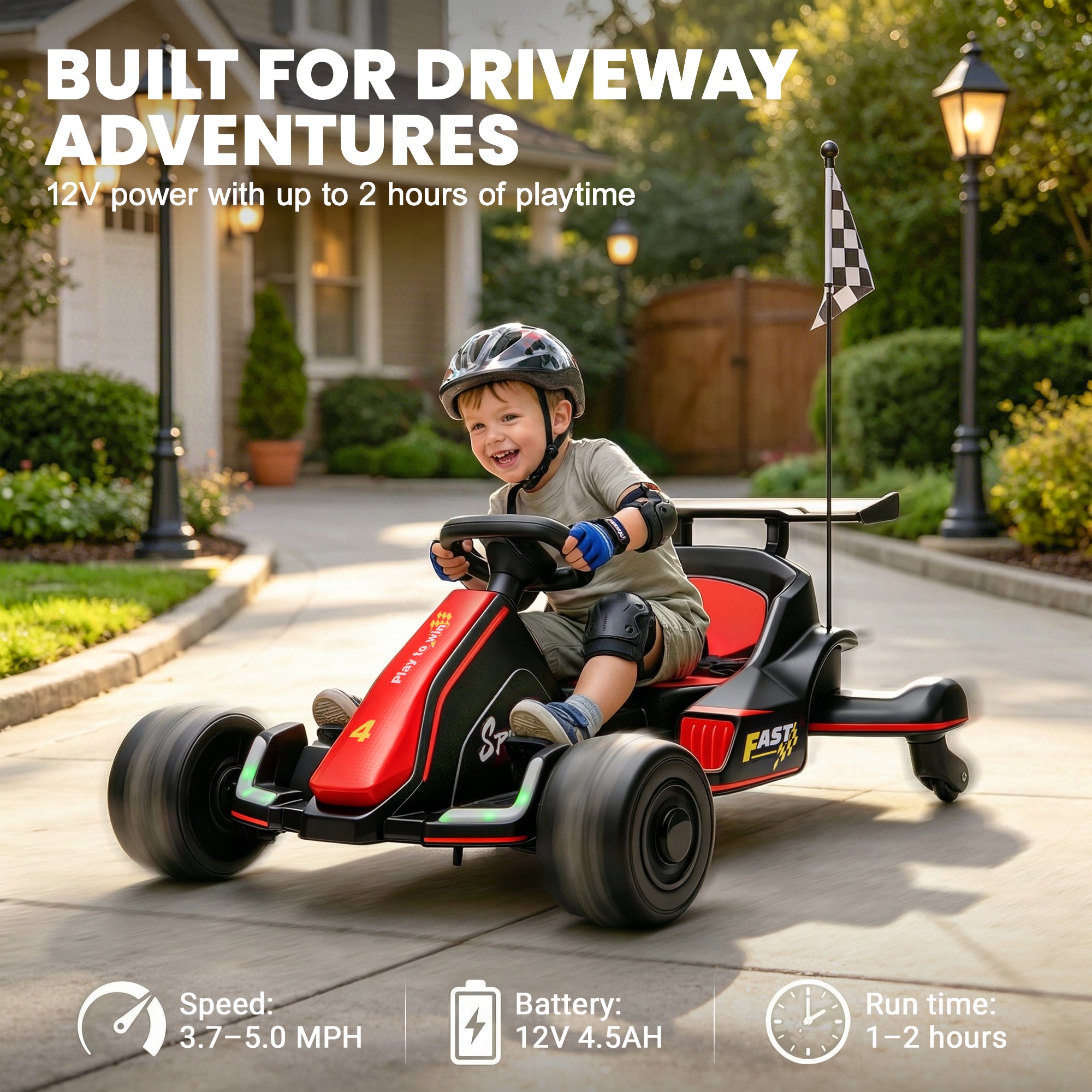 iYofe 12V Ride on Car for Kids, 360° Spin Drift Racing Go Kart with Powered PU Glowing Wheels, Water Spray Effect, Parent Remote Control, Electric Ride On Toys for Boys Girls Age 3-8