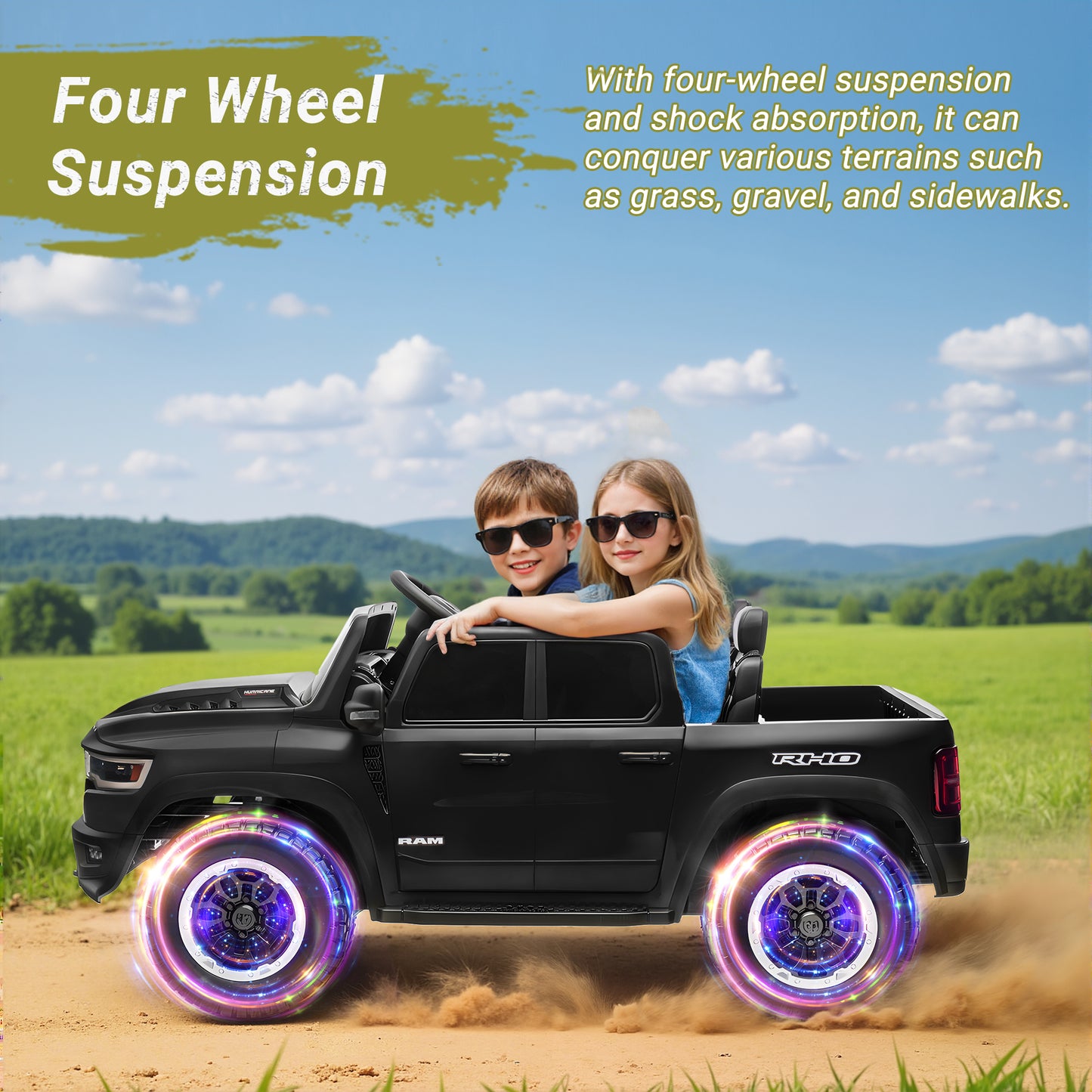 Ram Ride on Car Toys 2 Seater, 24V Ram 1500 Battery Powered Ride on Toy Truck with Remote Control, Electric Car for Kids Girls 3-8 w/ Bluetooth, Rear Storage Trunk, Safety Belt, 4 Wheelers