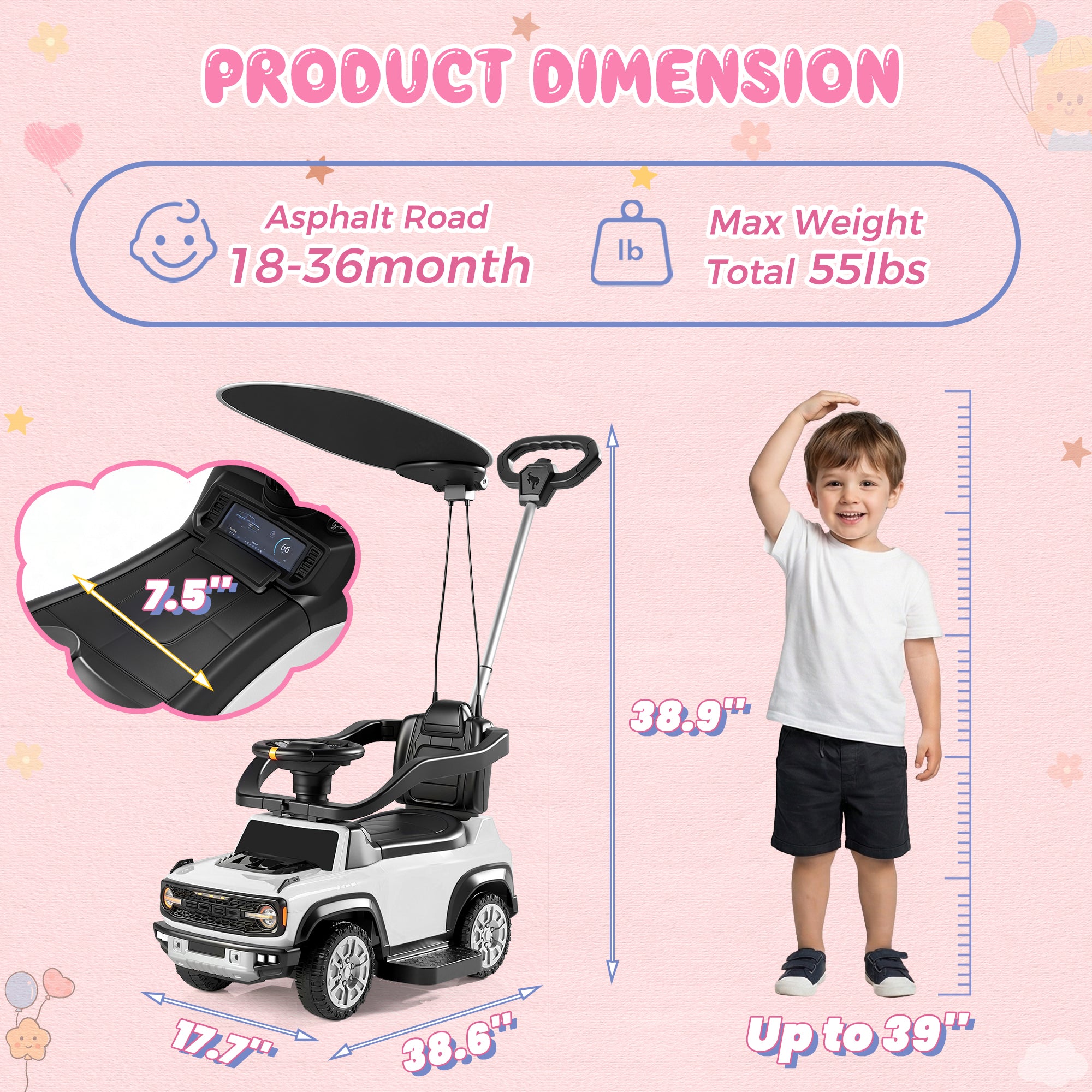 iYofe 3 In 1 Push Cars for Kids, Licensed Ford Bronco Ride On Toys w/Adjustable Handle, Canopy, Armrest Guardrail, Horn, Silent Wheels, Boys Girls Ride On Car for Toddlers Ages 18-36 Month