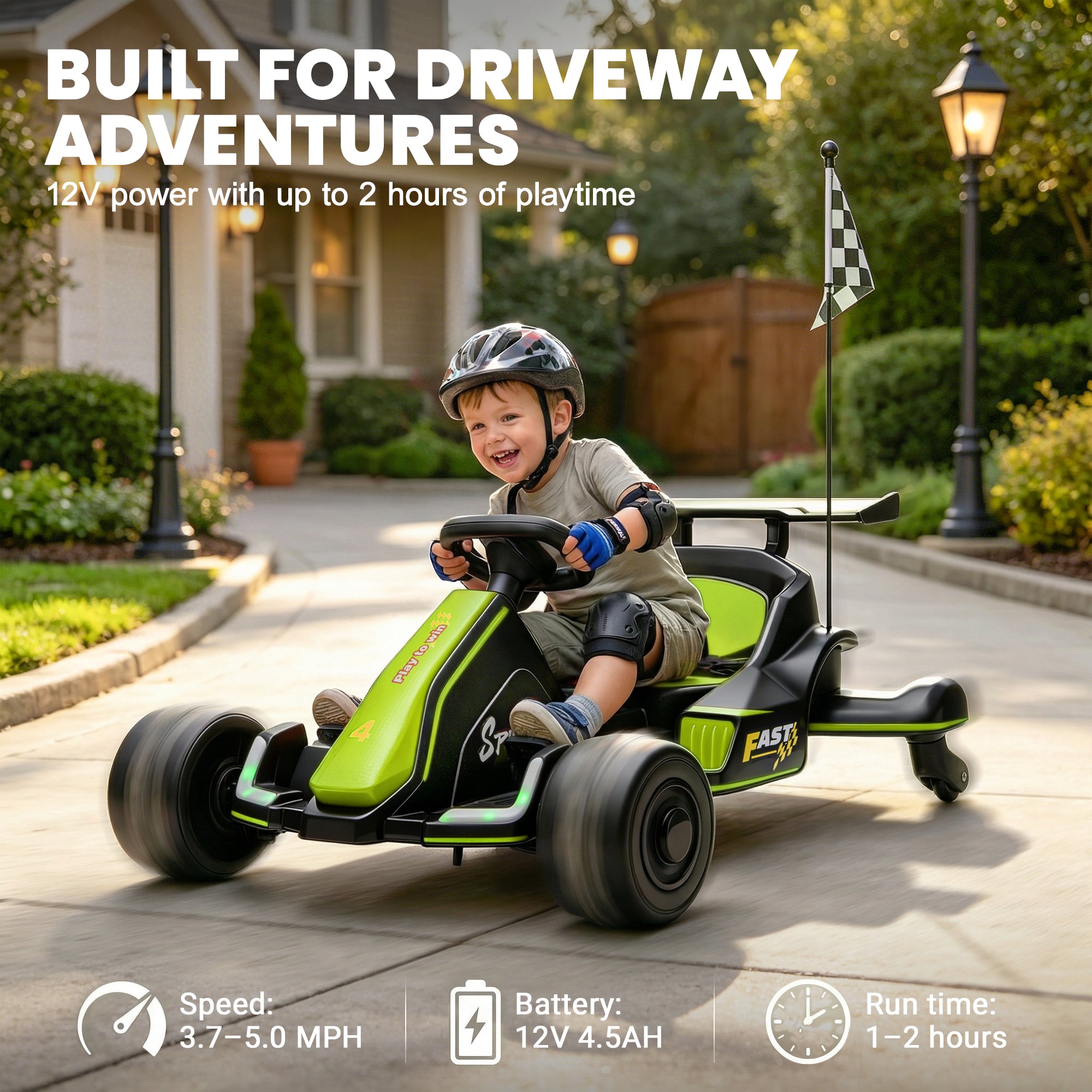 iYofe 12V Ride on Car for Kids, 360° Spin Drift Racing Go Kart with Powered PU Glowing Wheels, Water Spray Effect, Parent Remote Control, Electric Ride On Toys for Boys Girls Age 3-8