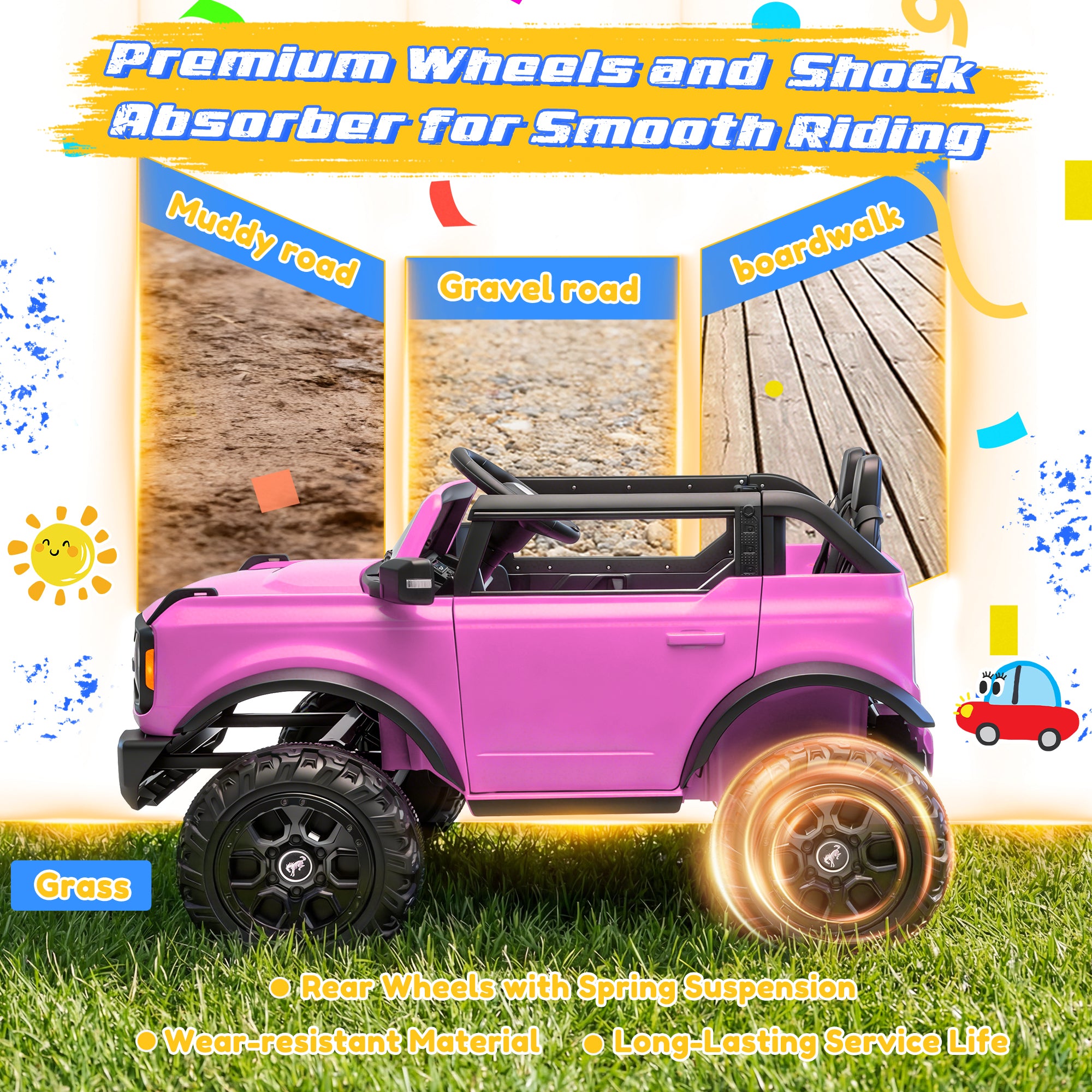 iYofe 24V Ride On Toys for Big Kids 2 Seat, Ford Bronco Base Powered Ride On Cars w/Remote Control, 4 Wheel Spring Suspension, Lights, Bluetooth, Kids Electric Car for Boys Girls Age 3-8, Pink