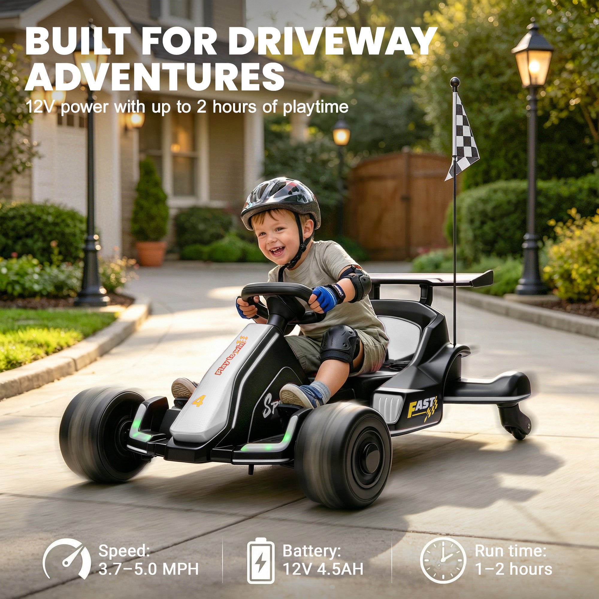 iYofe 12V Ride on Car for Kids, 360° Spin Drift Racing Go Kart with Powered PU Glowing Wheels, Water Spray Effect, Parent Remote Control, Electric Ride On Toys for Boys Girls Age 3-8