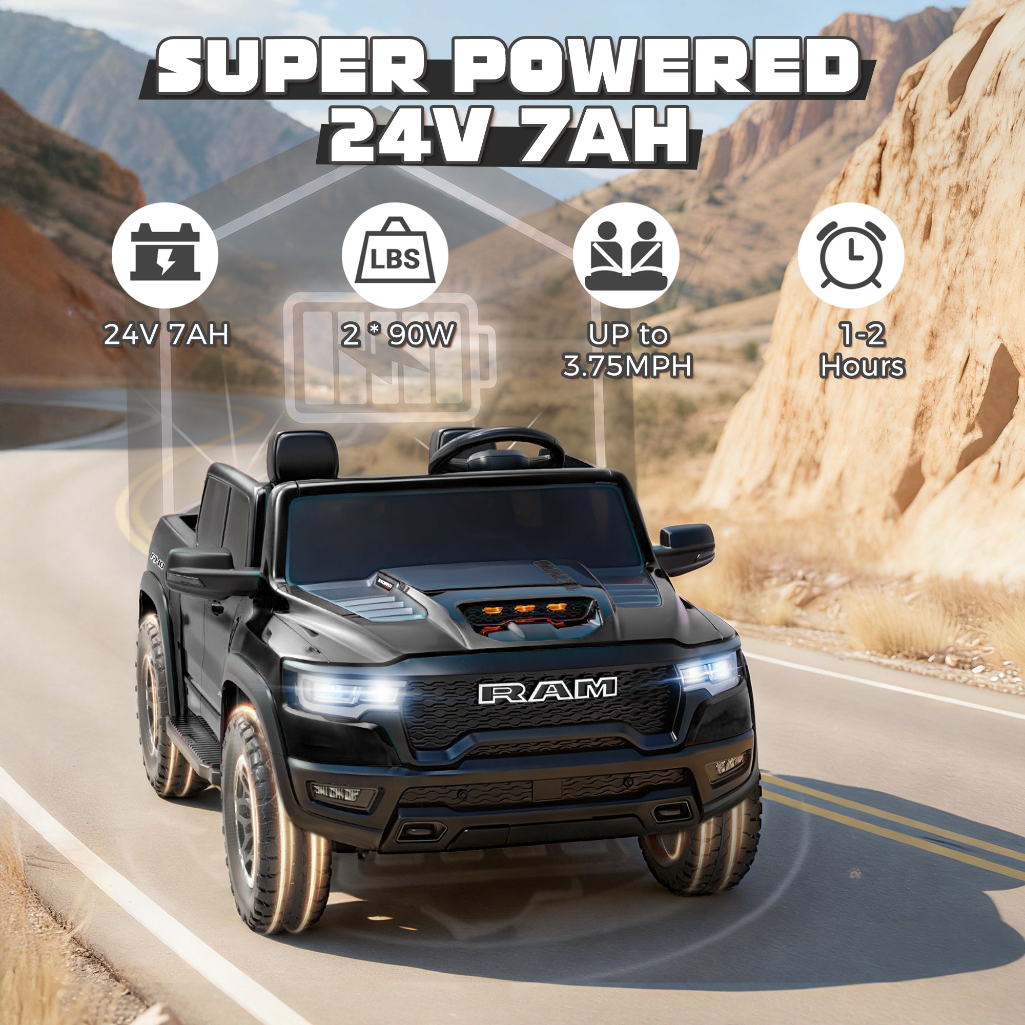 iYofe Ram 24V Ride on Car 2 Seater, Ram 1500 RHO Battery Powered Electric Car Truck with 4 Wheels, Ride on Toy with Remote Control for Big Kids Toddlers 3-8 Boys Girls, Bluetooth & Trunk