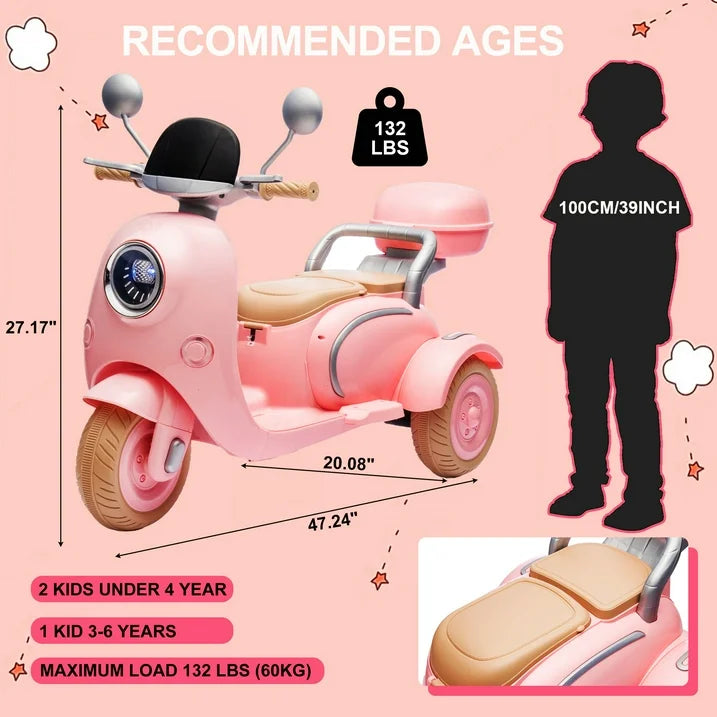 iYofe 12V Electric Motorcycle for Kids, 2 Seater Battery Power Ride on Toys with Slow Start, LED, Music, USB, 3 Wheel Electric Motorcycle for Boy Girl Birthday Gift, Pink