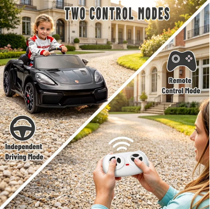 iYofe 12V Licensed Porsche Powered Ride On Car w/ Remote & Music, Ages 3+, Black