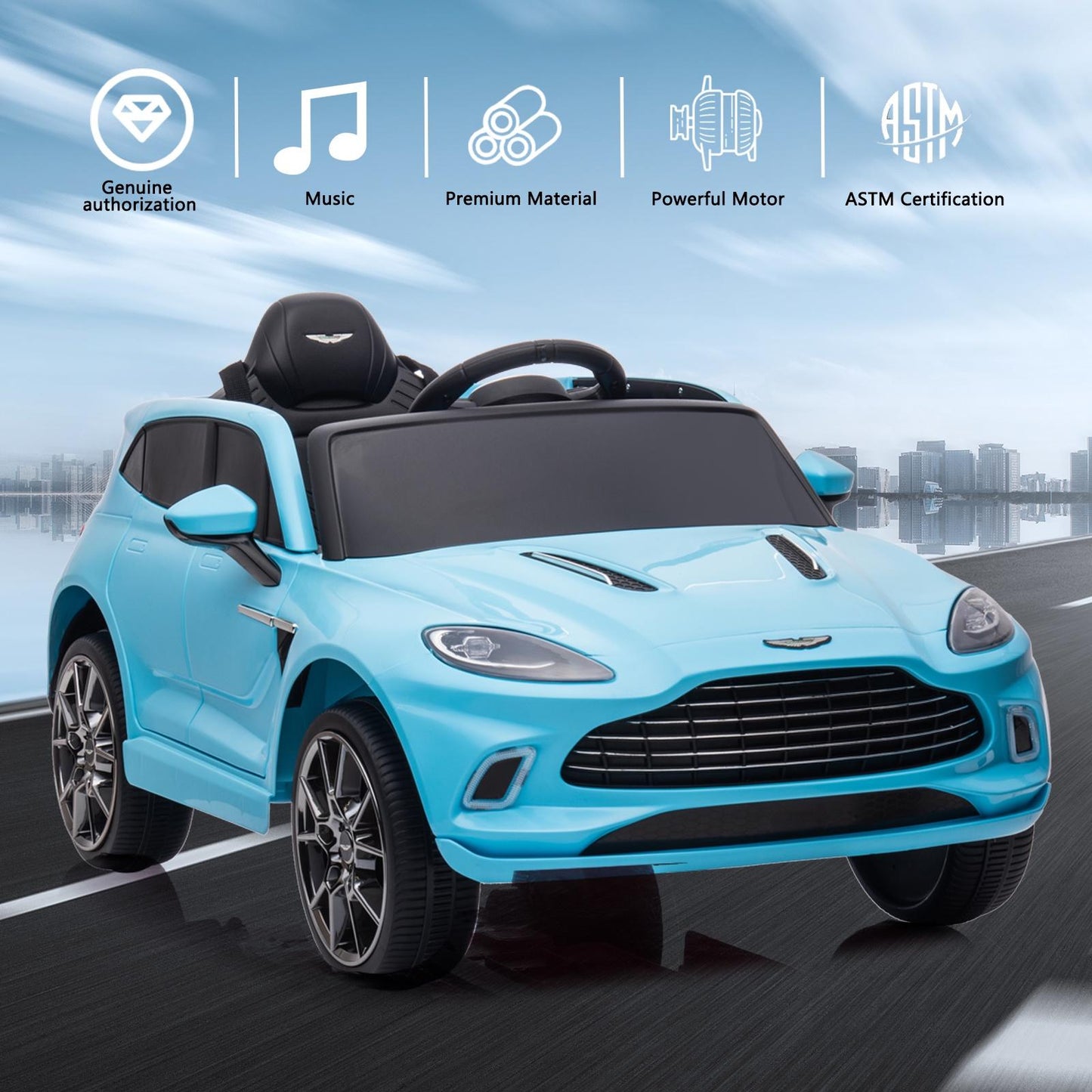 Aston Martin 12V Powered Ride On Cars with Remote Control, 4 Wheels Kids Electric Cars Vehicle with Bluetooth, LED Light, Music, USB/FM Radio, Kids Ride on Toys for Boys Girls Birthday Gifts, Blue