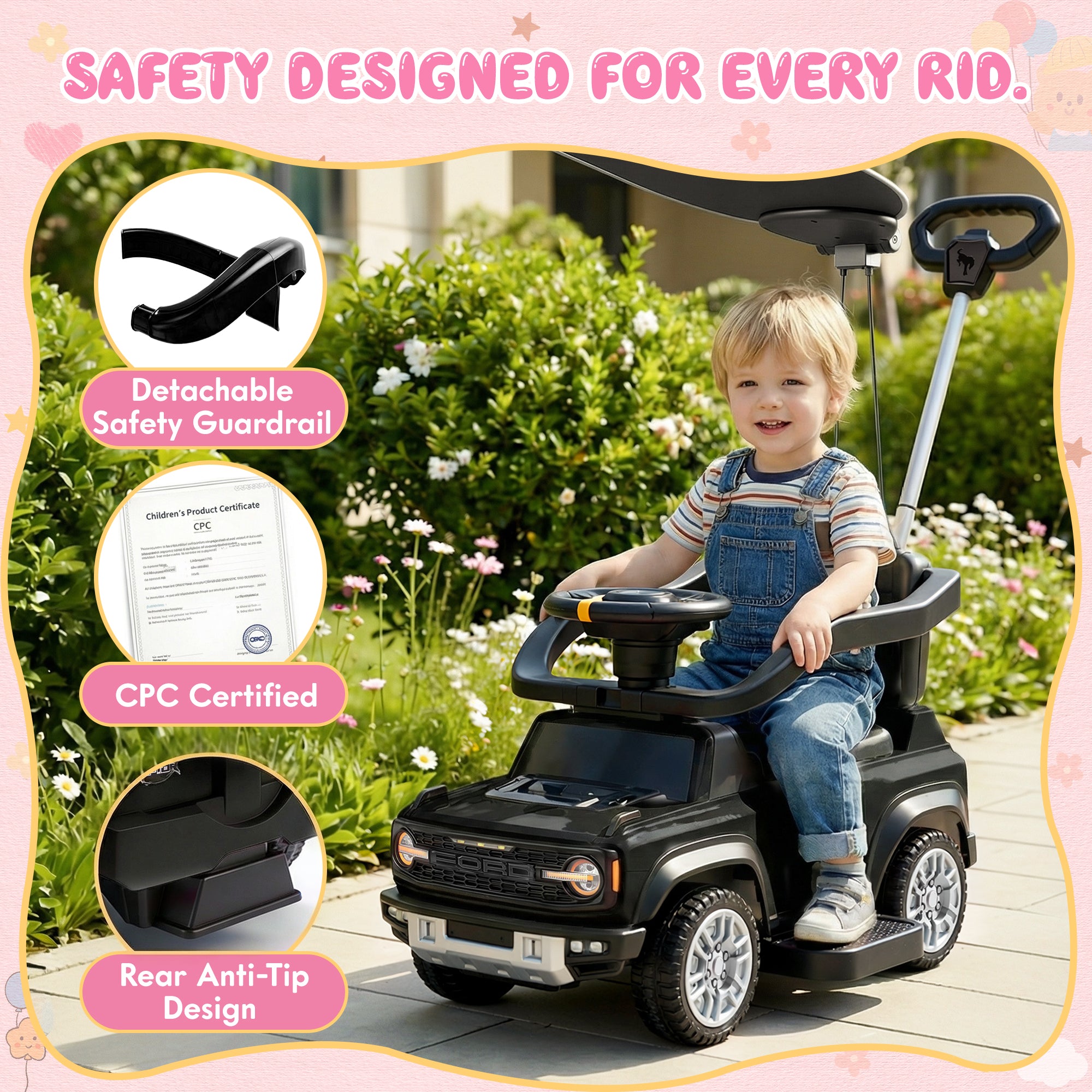 iYofe 3 In 1 Push Cars for Kids, Licensed Ford Bronco Ride On Toys w/Adjustable Handle, Canopy, Armrest Guardrail, Horn, Silent Wheels, Boys Girls Ride On Car for Toddlers Ages 18-36 Month