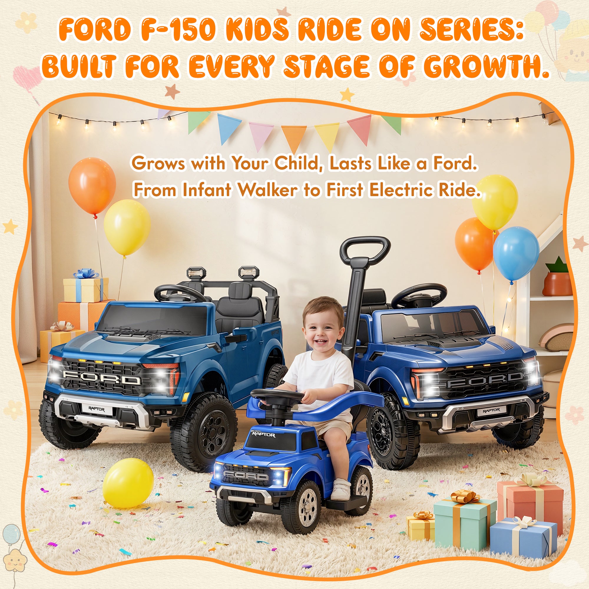 iYofe 3 In 1 Push Cars for Kids, Licensed Ford F-150 Kids Ride On Toys with Removable Parental Handle and Safety Rail, Horn, LED Lights, Ride On Car for Toddler Ages 18-36 Months, Black
