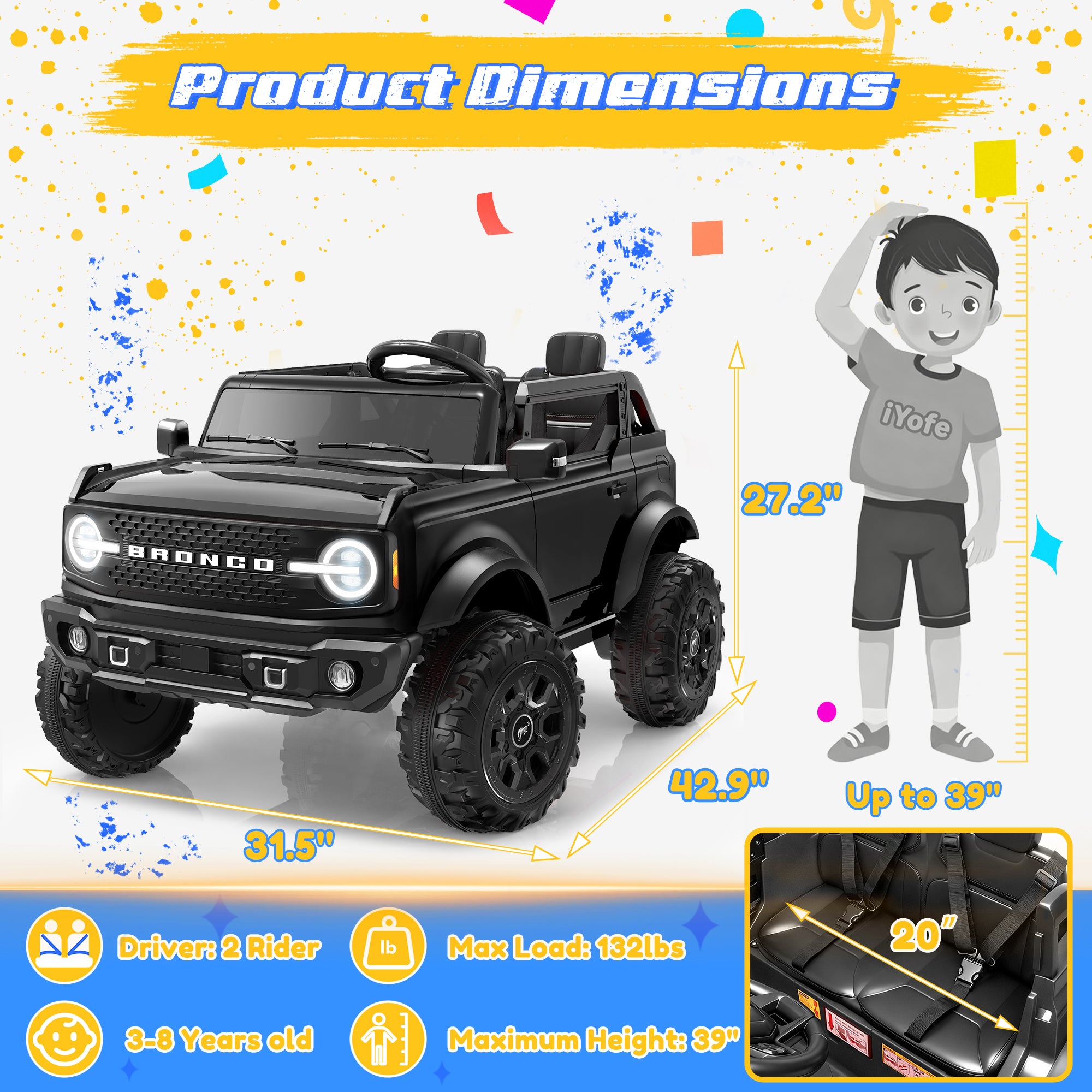 iYofe 24V Ride On Toys for Big Kids 2 Seat, Ford Bronco Base Powered Ride On Cars w/Remote Control, 4 Wheel Spring Suspension, Lights, Bluetooth, Kids Electric Car for Boys Girls Age 3-8, Pink