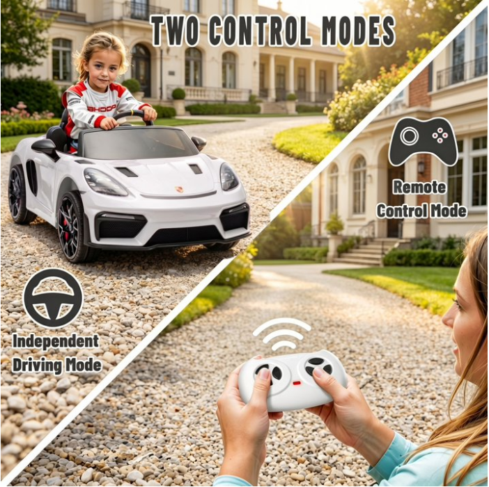 iYofe 12V Licensed Porsche Powered Ride On Car w/ Remote & Music, Ages 3+, White