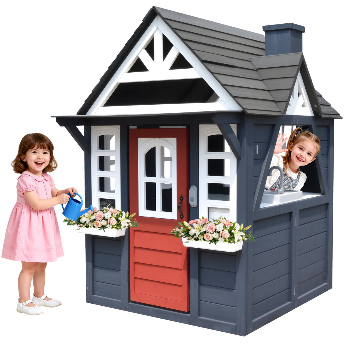 iYofe Outdoor Playhouse, Wooden Playhouse for Kids Play House with Front Door, Flower Pot Holders, Stove, Sink, Doorbell, Windows, Indoor Outdoor Kids Play Equipment Gift for Ages 2+, Black+Blue