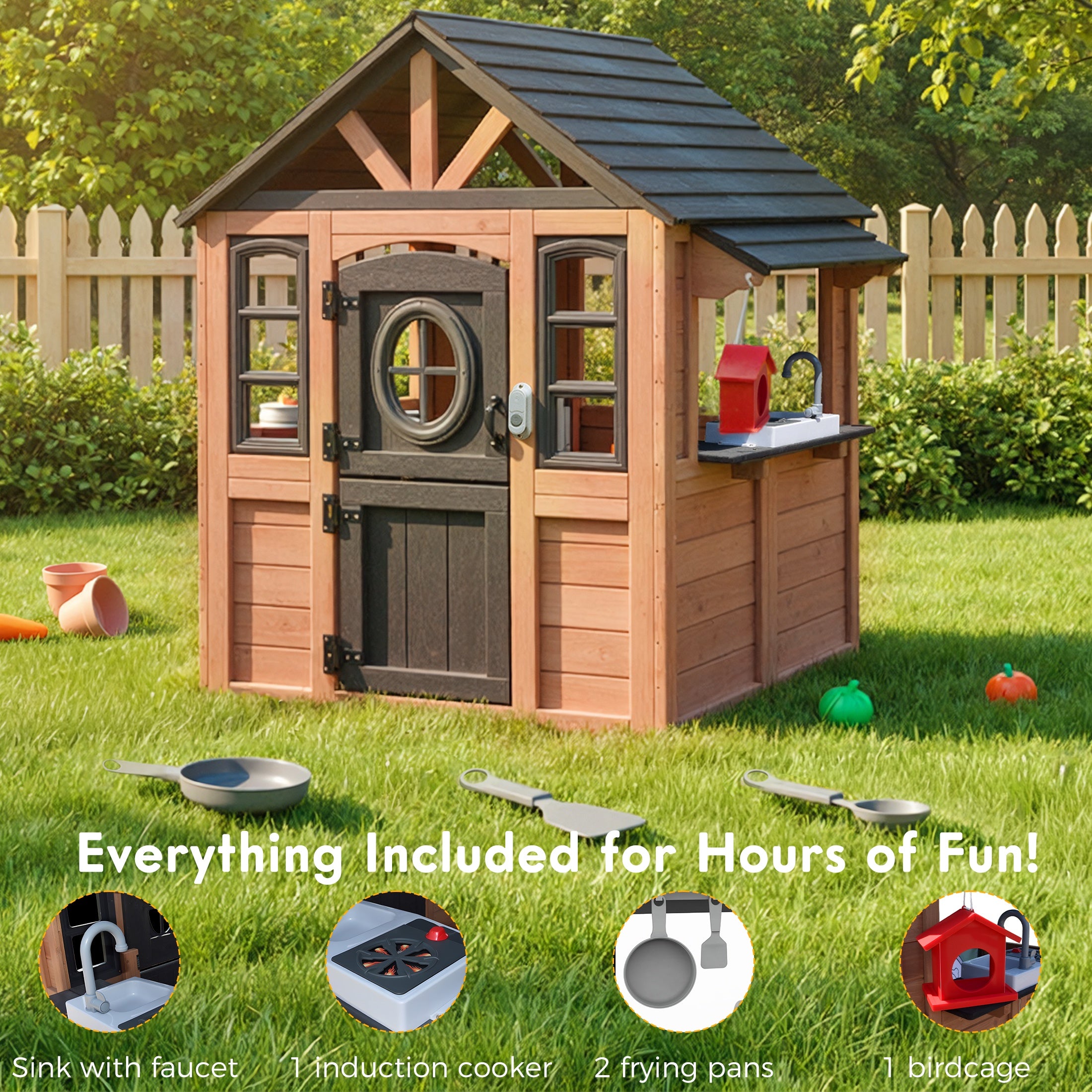 iYofe Outdoor Playhouse, Wooden Kids Playhouse with Play Kitchen, Working Doorbell, Bird Cage, Pet Door, Outdoor Kids Play Equipment Gift for Ages 2+, Brown