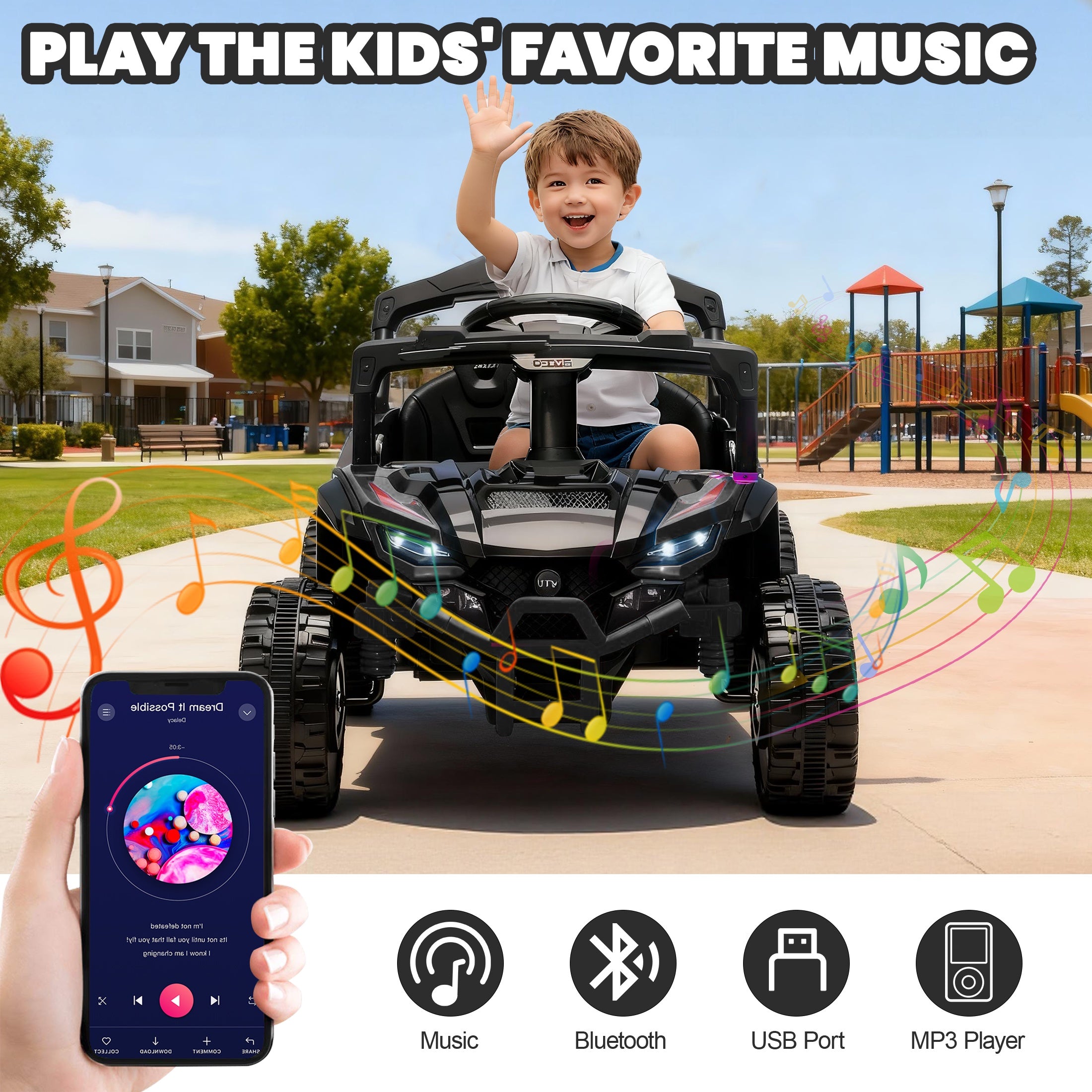 iYofe 24V Powered Ride on Toys with Remote Control, Kids Ride on Car UTV for Boys Girls Ages 3-5, Ride on Vehicles Electric Cars for Kids with Bluetooth, Music, LED Lights, 4 Wheels Suspension, Black