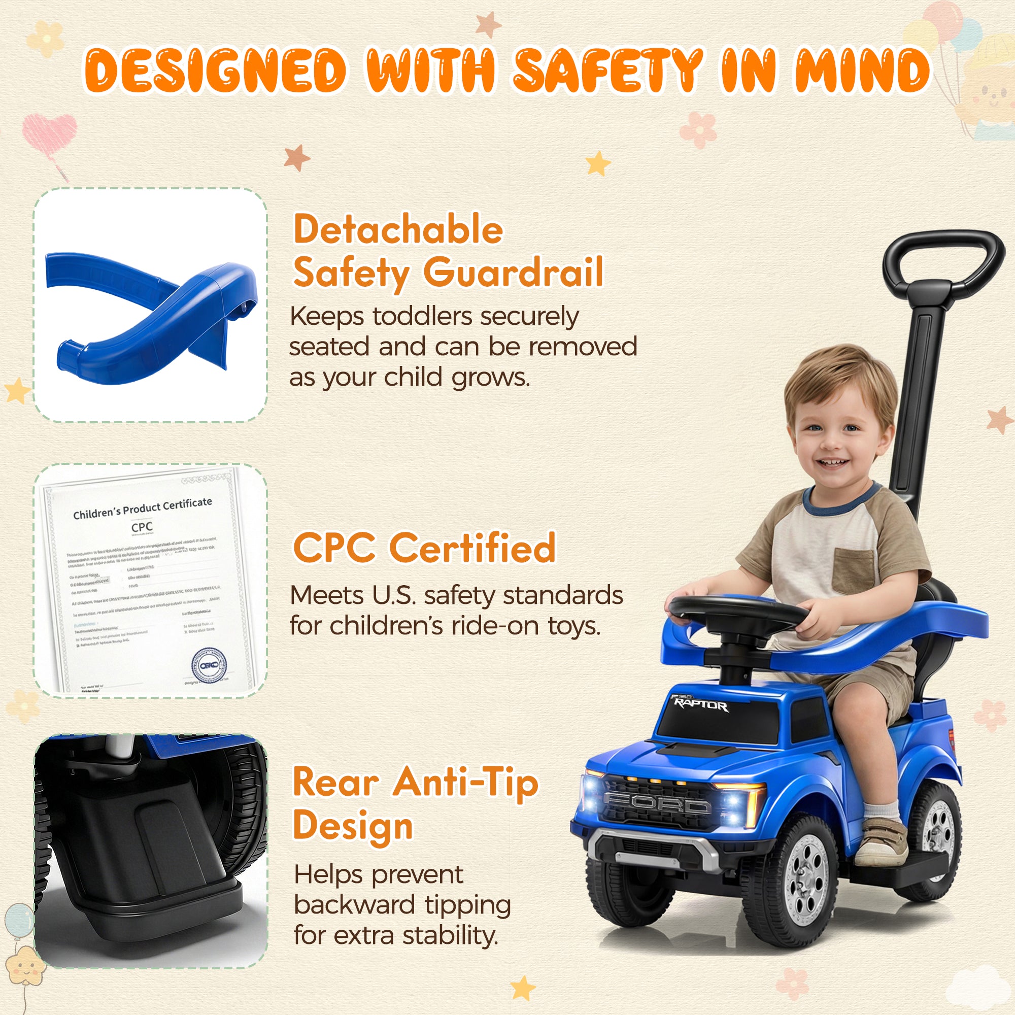 iYofe 3 In 1 Push Cars for Kids, Licensed Ford F-150 Kids Ride On Toys with Removable Parental Handle and Safety Rail, Horn, LED Lights, Ride On Car for Toddler Ages 18-36 Months, Black