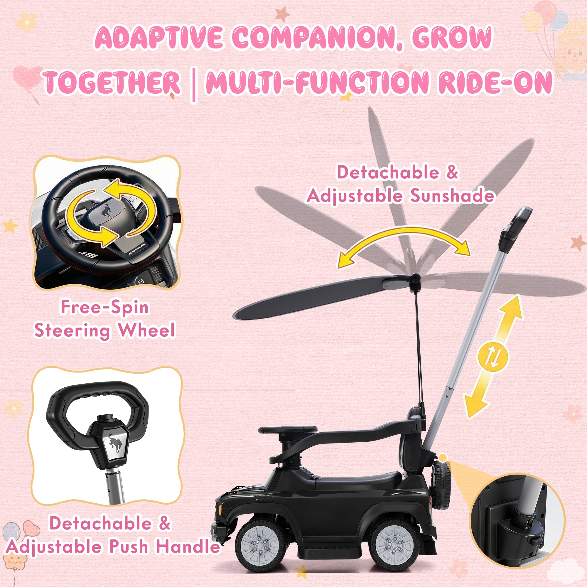 iYofe 3 In 1 Push Cars for Kids, Licensed Ford Bronco Ride On Toys w/Adjustable Handle, Canopy, Armrest Guardrail, Horn, Silent Wheels, Boys Girls Ride On Car for Toddlers Ages 18-36 Month