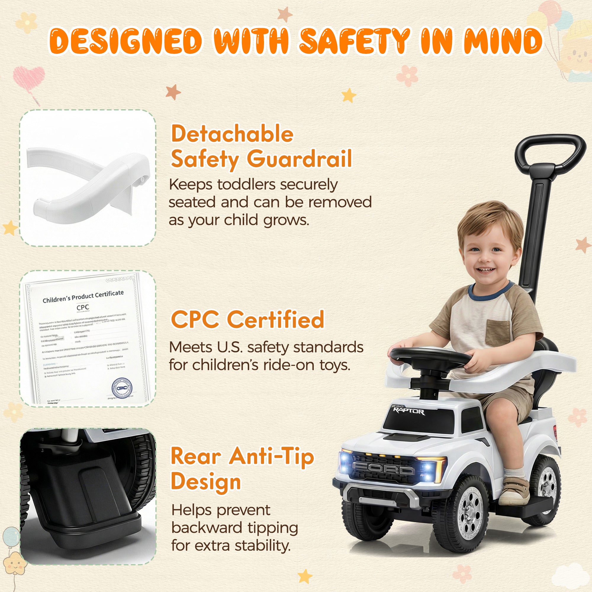 iYofe 3 In 1 Push Cars for Kids, Licensed Ford F-150 Kids Ride On Toys with Removable Parental Handle and Safety Rail, Horn, LED Lights, Ride On Car for Toddler Ages 18-36 Months, Black