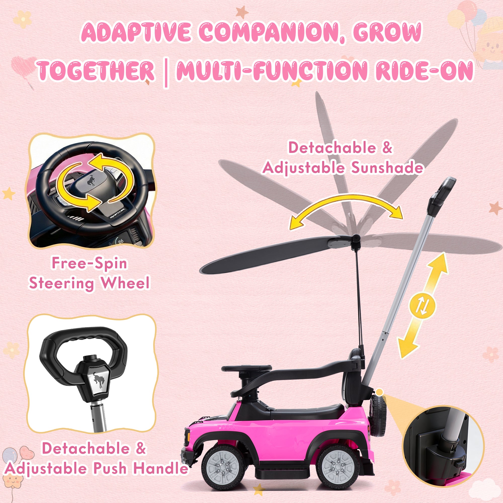 iYofe 3 In 1 Push Cars for Kids, Licensed Ford Bronco Ride On Toys w/Adjustable Handle, Canopy, Armrest Guardrail, Horn, Silent Wheels, Boys Girls Ride On Car for Toddlers Ages 18-36 Month