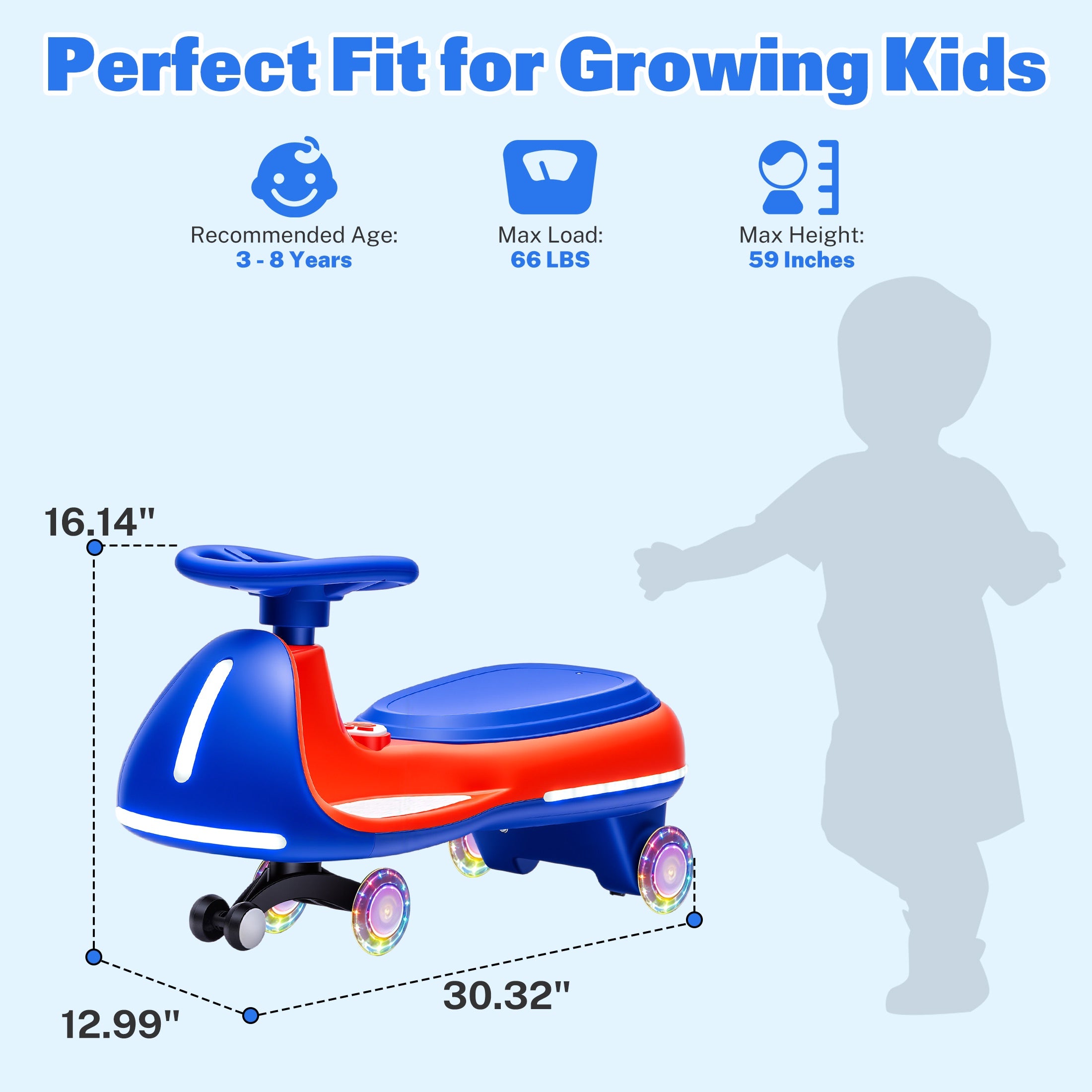 12V Electric Wiggle Car for Kids, Toddlers Ride on Toys with Pedal, Display, Flashing PU Wheels, LED Light, Bluetooth Music, Max Speed 5 MPH, Kids Ride on Cars for Boys Girls 3+, Blue+Red