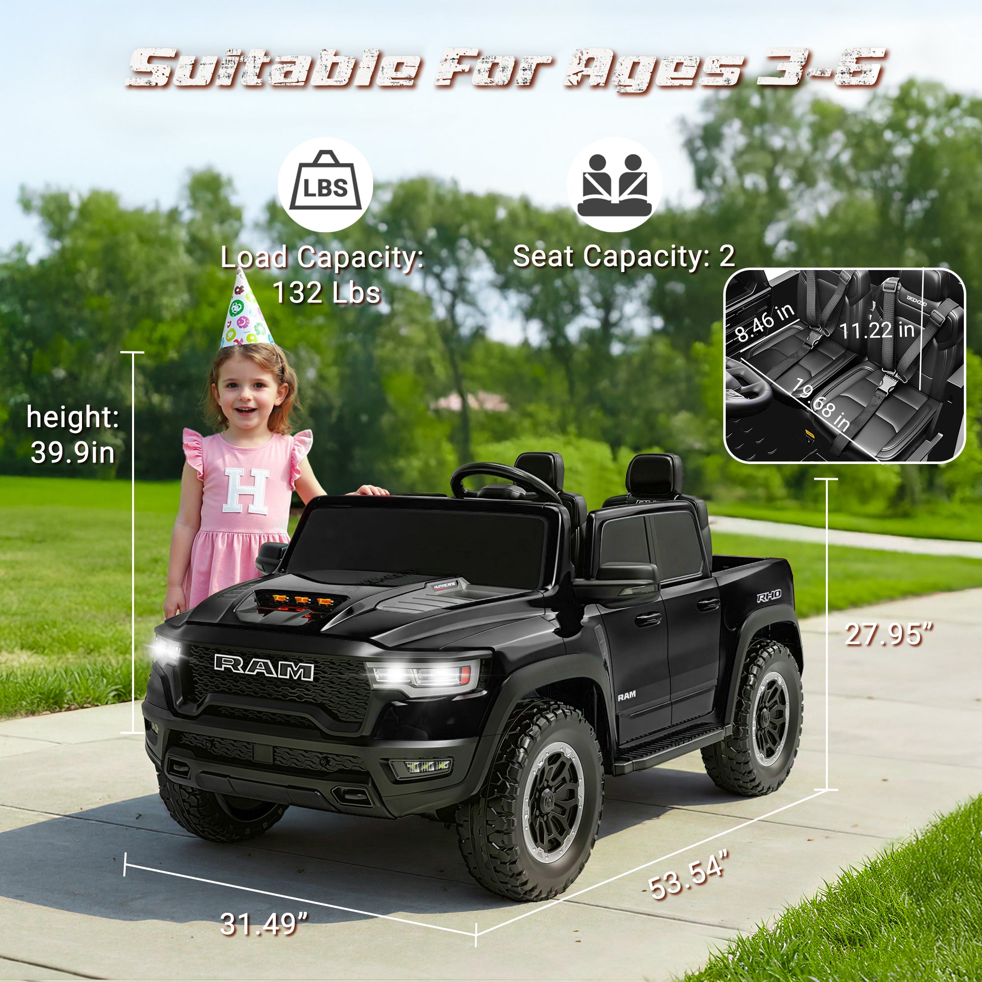 iYofe Ram 24V Ride on Car 2 Seater, Ram 1500 RHO Battery Powered Electric Car Truck with 4 Wheels, Ride on Toy with Remote Control for Big Kids Toddlers 3-8 Boys Girls, Bluetooth & Trunk