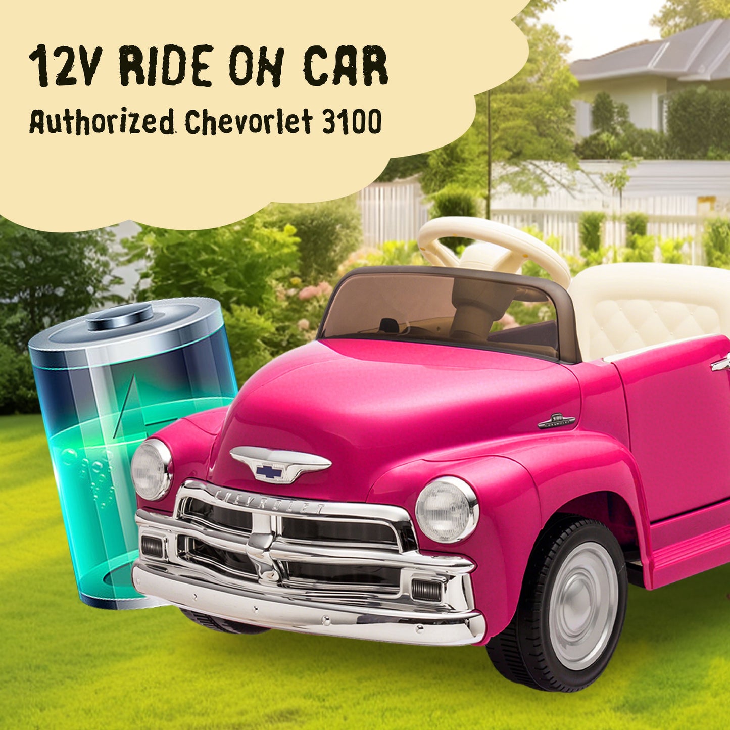 12V Ride on Toys, Licensed Chevrolet 3100 Powered Ride on Cars with Remote Control, Bluetooth, Music, USB Ports, LED Lights, 4 Wheels Suspension, Electric Car for Kids Boys Girls Ages 3-6, Pink
