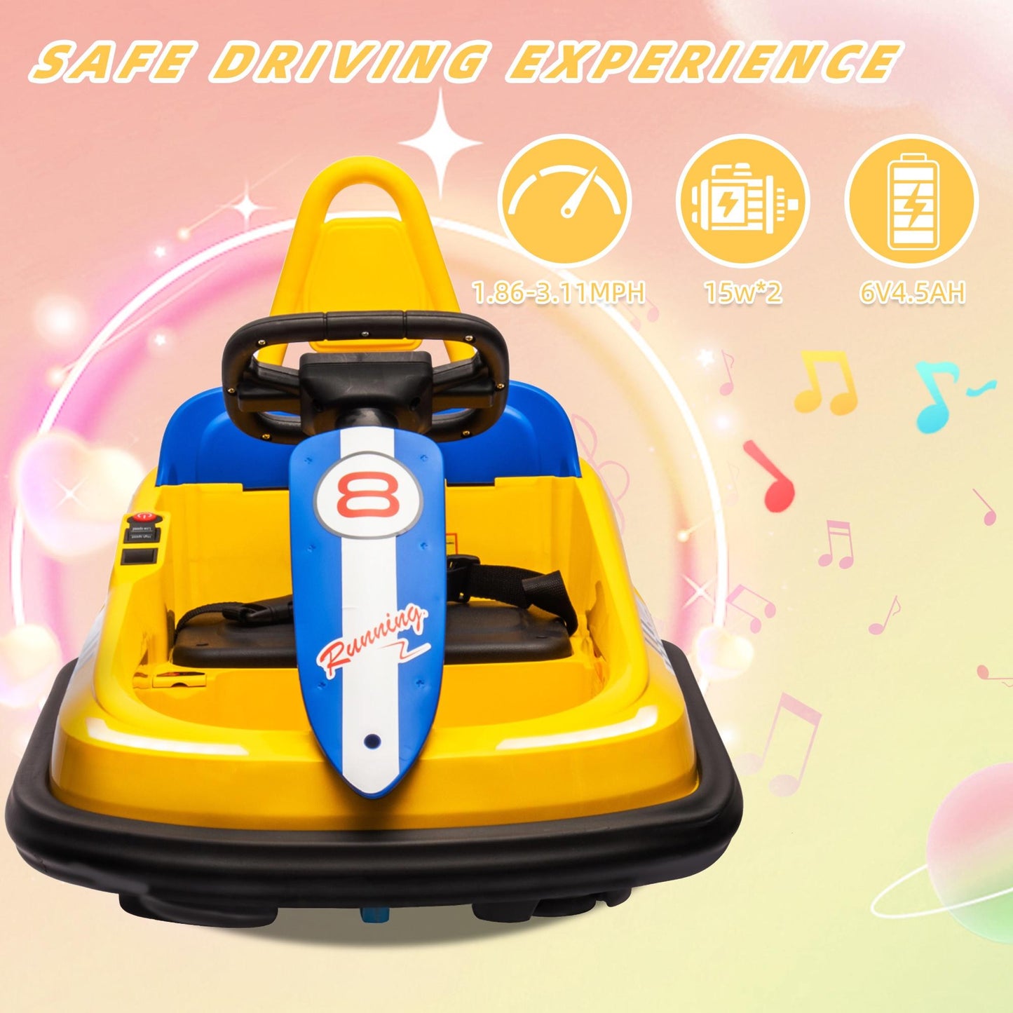 iYofe 6V Bumper Car Ride on with Remote Control, Bumper Cars for Kids Toddlers Boys Girls 2-6 Years Old Gifts, Battery Powered Ride on Toys with Bluetooth, Player, 360¡ãSpin, LED Light, 3 Speed, Yellow