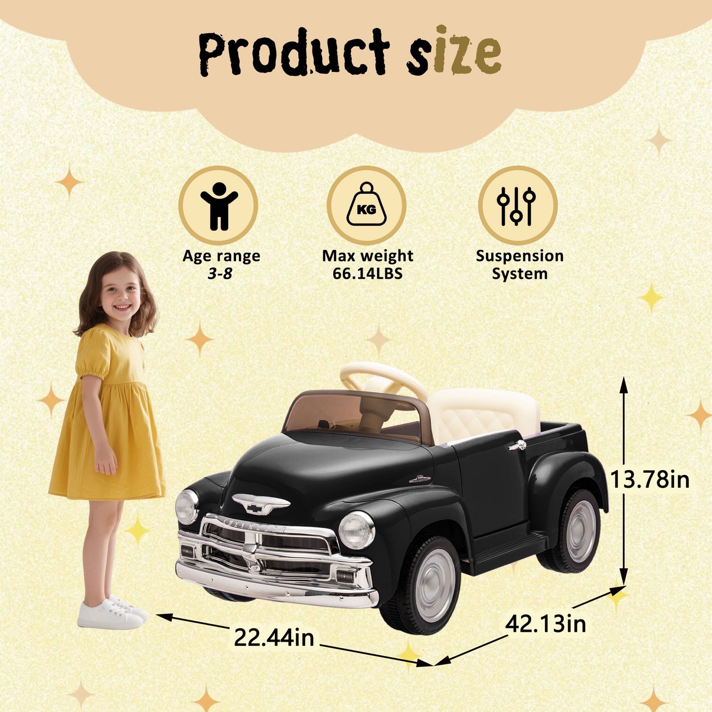 12V Ride on Toys, Licensed Chevrolet 3100 Powered Ride on Cars with Remote Control, Bluetooth, Music, USB Ports, LED Lights, 4 Wheels Suspension, Electric Car for Kids Boys Girls Ages 3-6, Black