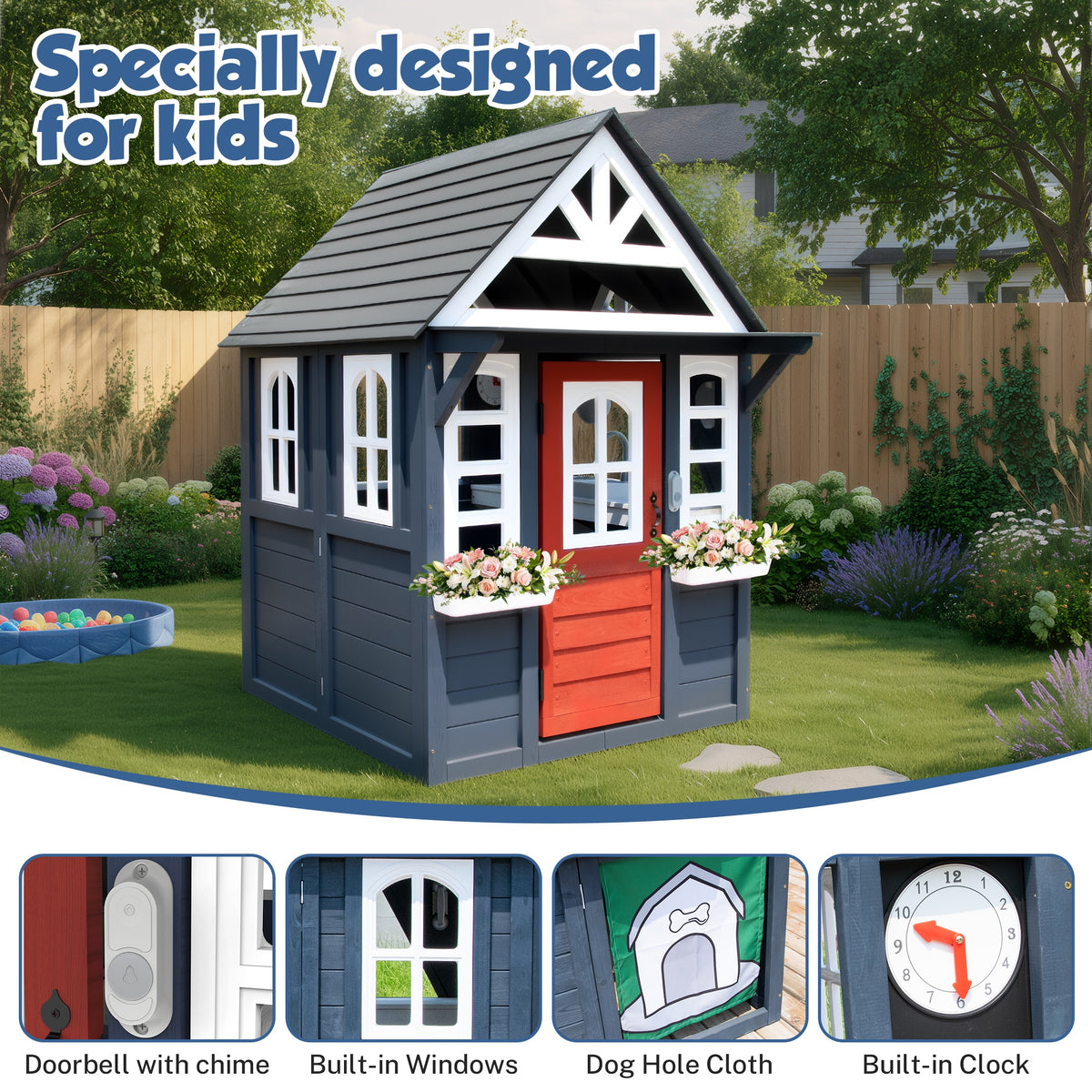 iYofe Outdoor Playhouse, Wooden Playhouse for Kids Play House with Front Door, Flower Pot Holders, Stove, Sink, Doorbell, Windows, Indoor Outdoor Kids Play Equipment Gift for Ages 2+, Black+Blue