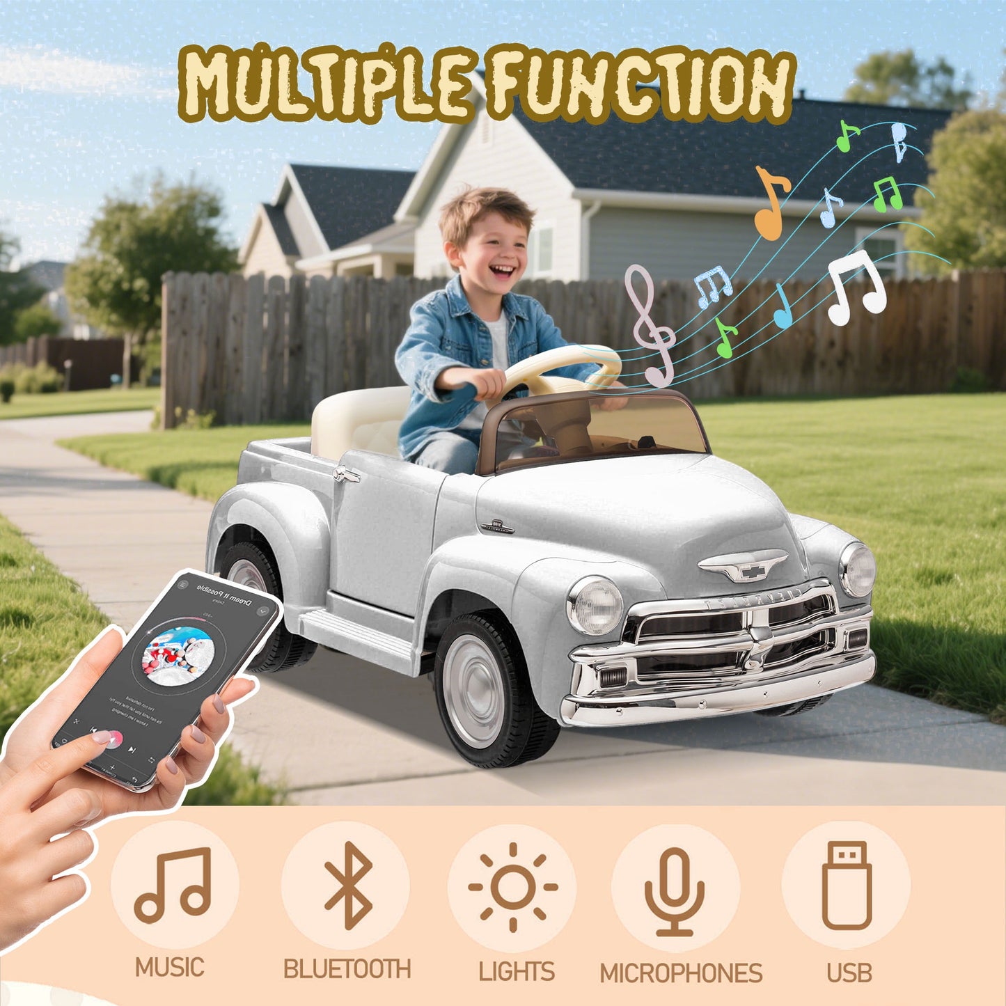 12V Ride on Toys, Licensed Chevrolet 3100 Powered Ride on Cars with Remote Control, Bluetooth, Music, USB Ports, LED Lights, 4 Wheels Suspension, Electric Car for Kids Boys Girls Ages 3-6, White