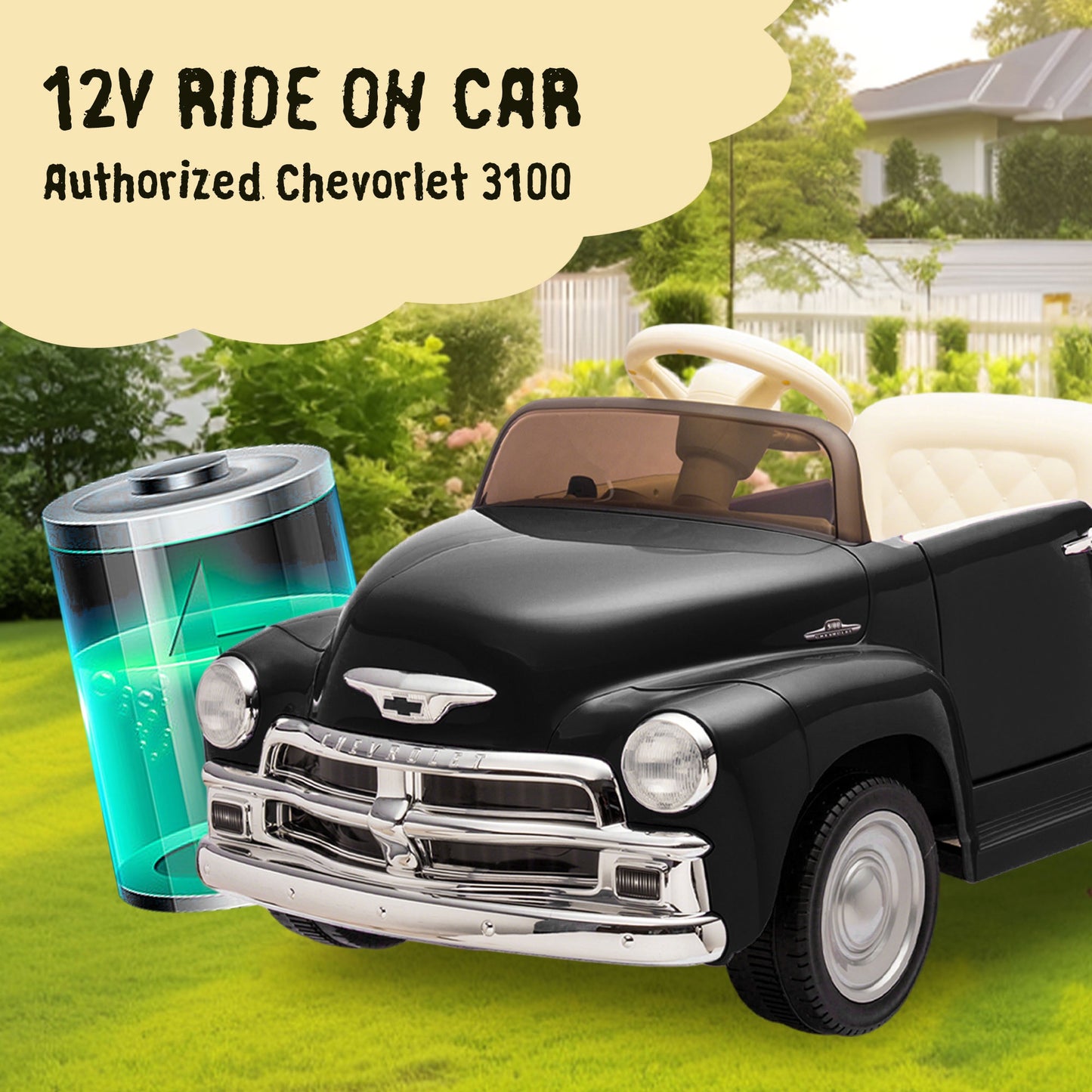 12V Ride on Toys, Licensed Chevrolet 3100 Powered Ride on Cars with Remote Control, Bluetooth, Music, USB Ports, LED Lights, 4 Wheels Suspension, Electric Car for Kids Boys Girls Ages 3-6, Black