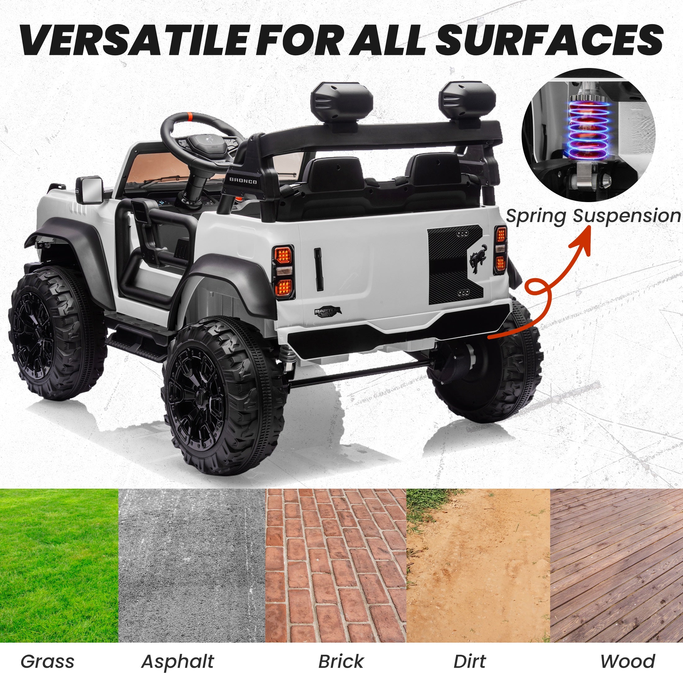 iYofe 24V 2 Seater Ride on Cars, Licensed Ford Bronco Raptor Powered Ride on Trucks with Remote Control, Spring Suspension, Bluetooth, LED Light, Ride on Toys for Kids Ages 3-8 Boy Girls Gift, White
