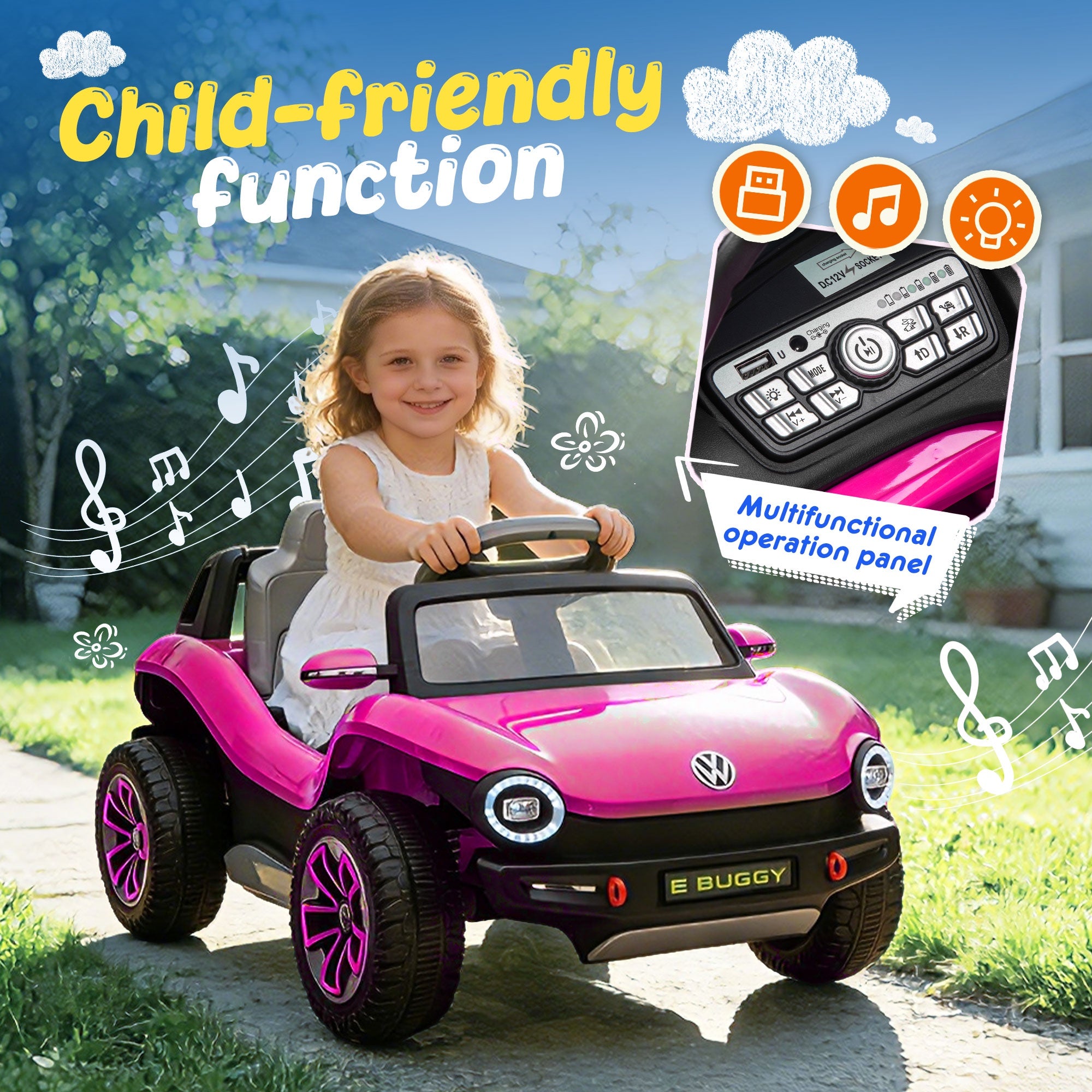 12V Ride on Toys, Licensed Volkswagen Beetle Powered Ride on Cars with Remote Control, Bluetooth, Music, USB Ports, LED Lights, 4 Wheels Suspension, Electric Car for Kids Boys Girls Ages 2-5, Pink