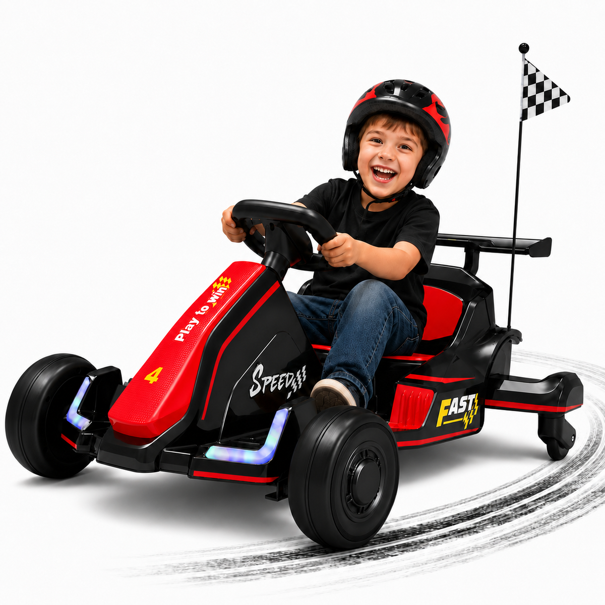 iYofe 12V Ride on Car for Kids, 360° Spin Drift Racing Go Kart with Powered PU Glowing Wheels, Water Spray Effect with Light, Music, Electric Ride On Toys for Boys Girls Age 3-8