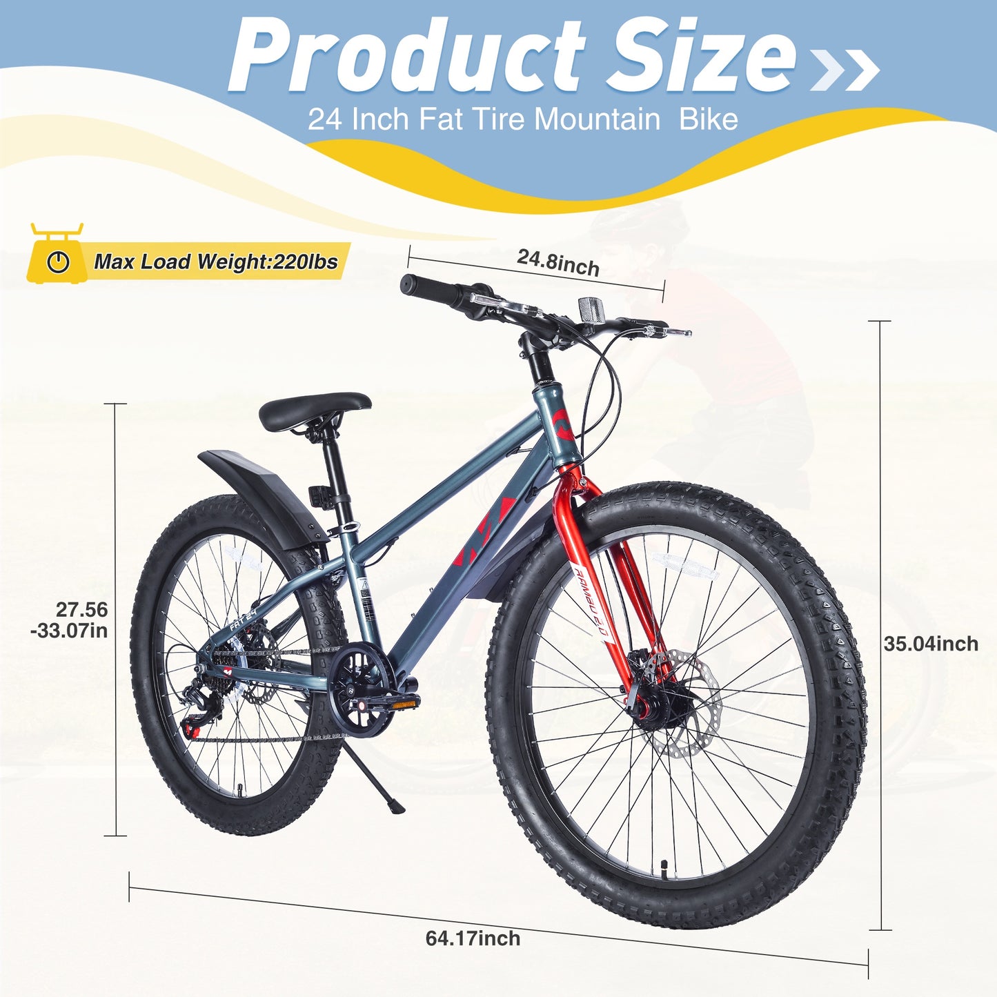 24" Mountain Bikes for Boys Girls, 7 Speed Fat Tire Mountain Bicycle w/ Disc Brakes, Bike for kids Youth Teen Adults, City Bikes Street Suit for Rider Height 56"-66" Ages 10+, 85% assembled (Gray)