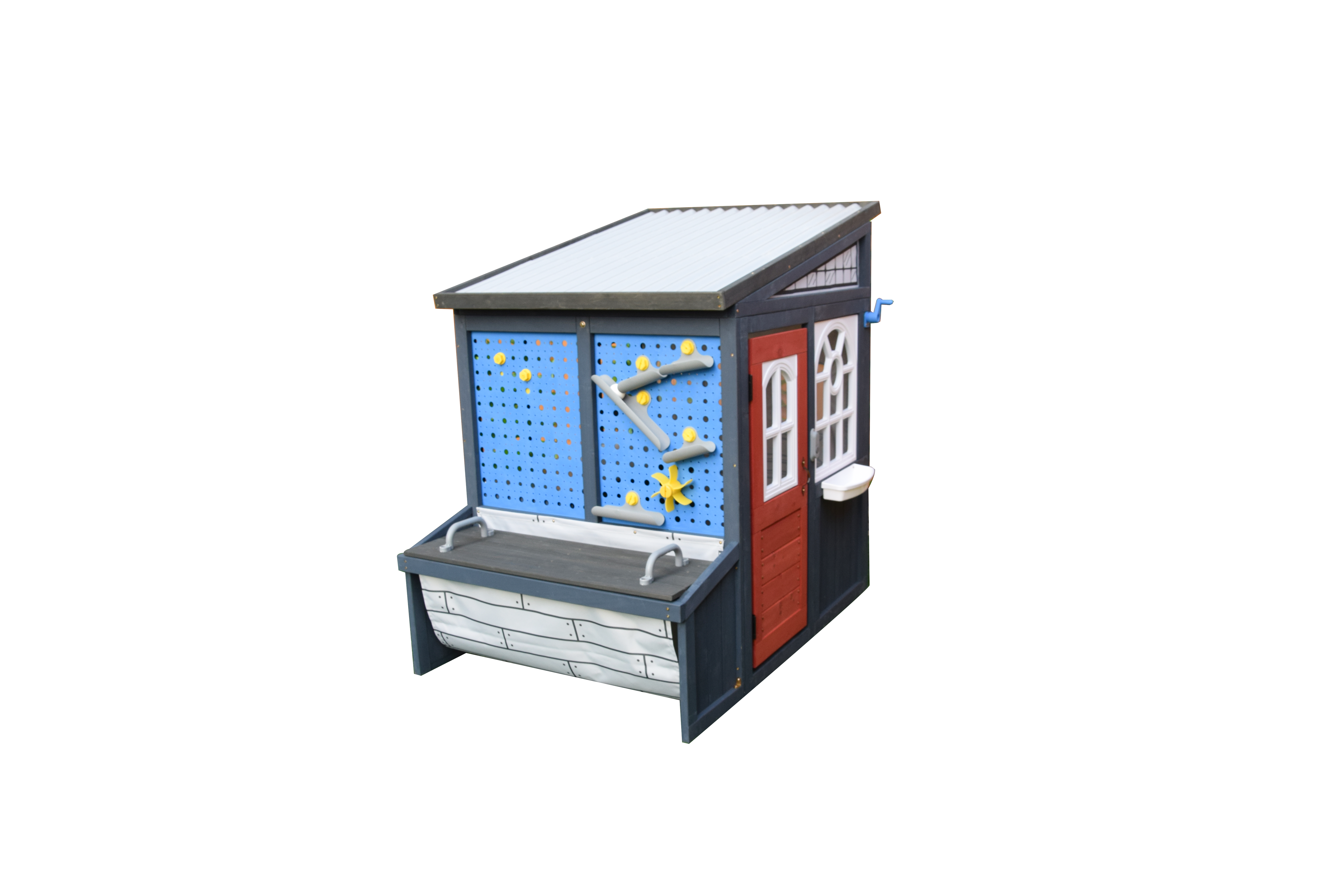 iYofe Tool Shed Playhouse for Kids, Wooden Play House with Workbench & Accessories, Kids Outdoor Play Toys for Backyard
