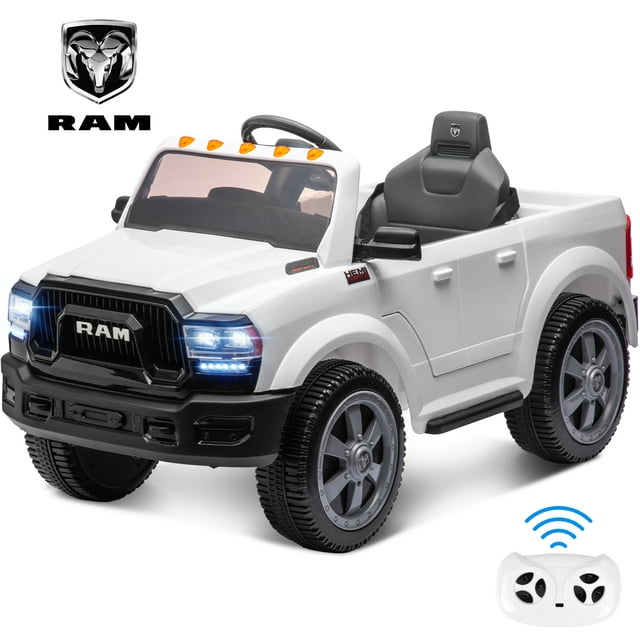 Dodge Electric Ride on Truck Car for Kids, 12 V Licensed Dodge RAM Powered Ride On Toys Cars with Remote Control, Electric Pickup for Kids 3-8 w/Cup Holder/Trunk/Bluetooth Music/LED Lights