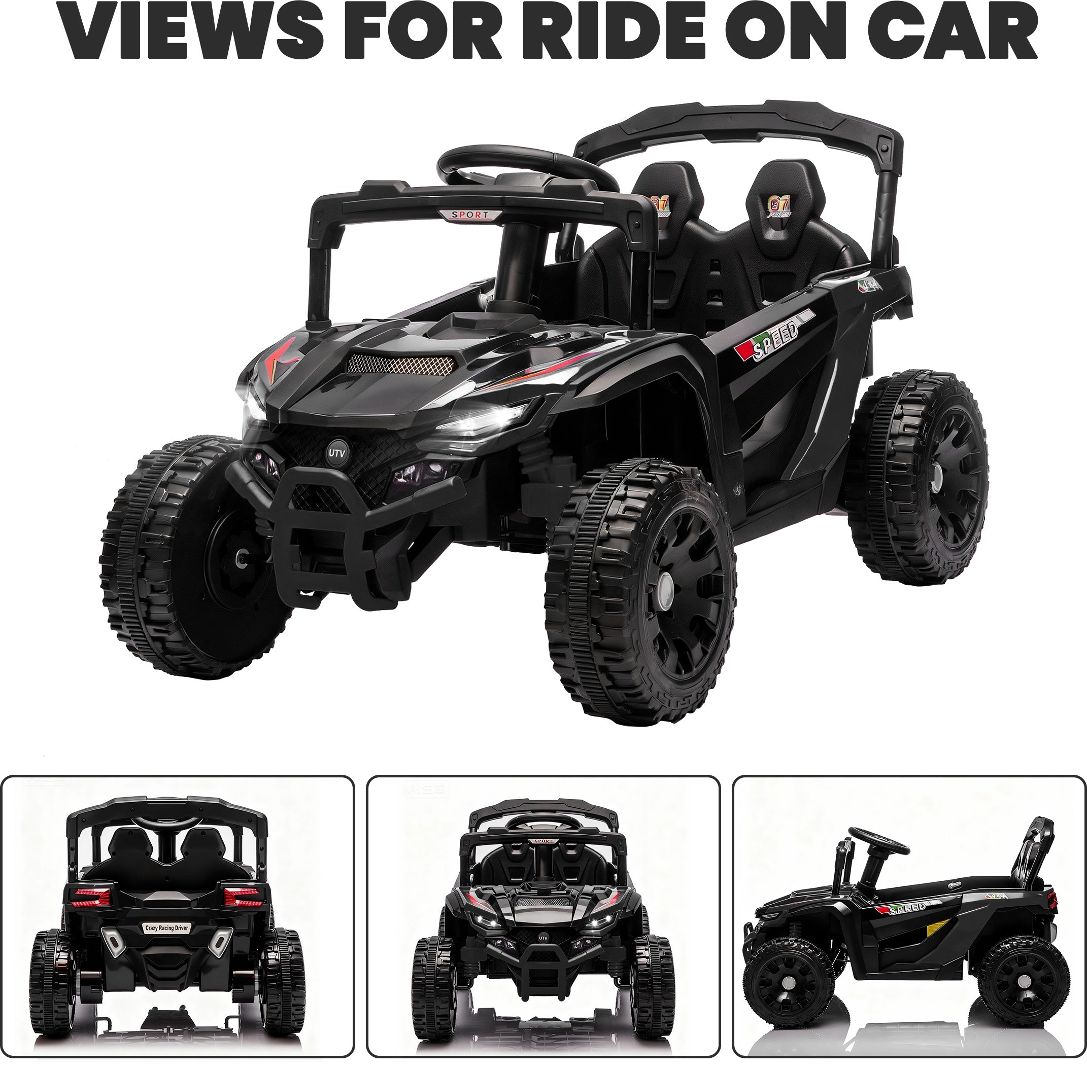 iYofe 24V Powered Ride on Toys with Remote Control, Kids Ride on Car UTV for Boys Girls Ages 3-5, Ride on Vehicles Electric Cars for Kids with Bluetooth, Music, LED Lights, 4 Wheels Suspension, Black