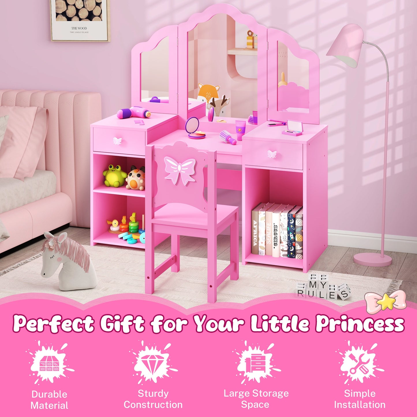 Girls Vanity Set with Mirror and Stool, Wood 2 in 1 Princess Kids Vanity Sets for Girls 3-9 Years Old, Kids Makeup Vanity Table Set with Detachable Top, Storage Cabinet, Pink