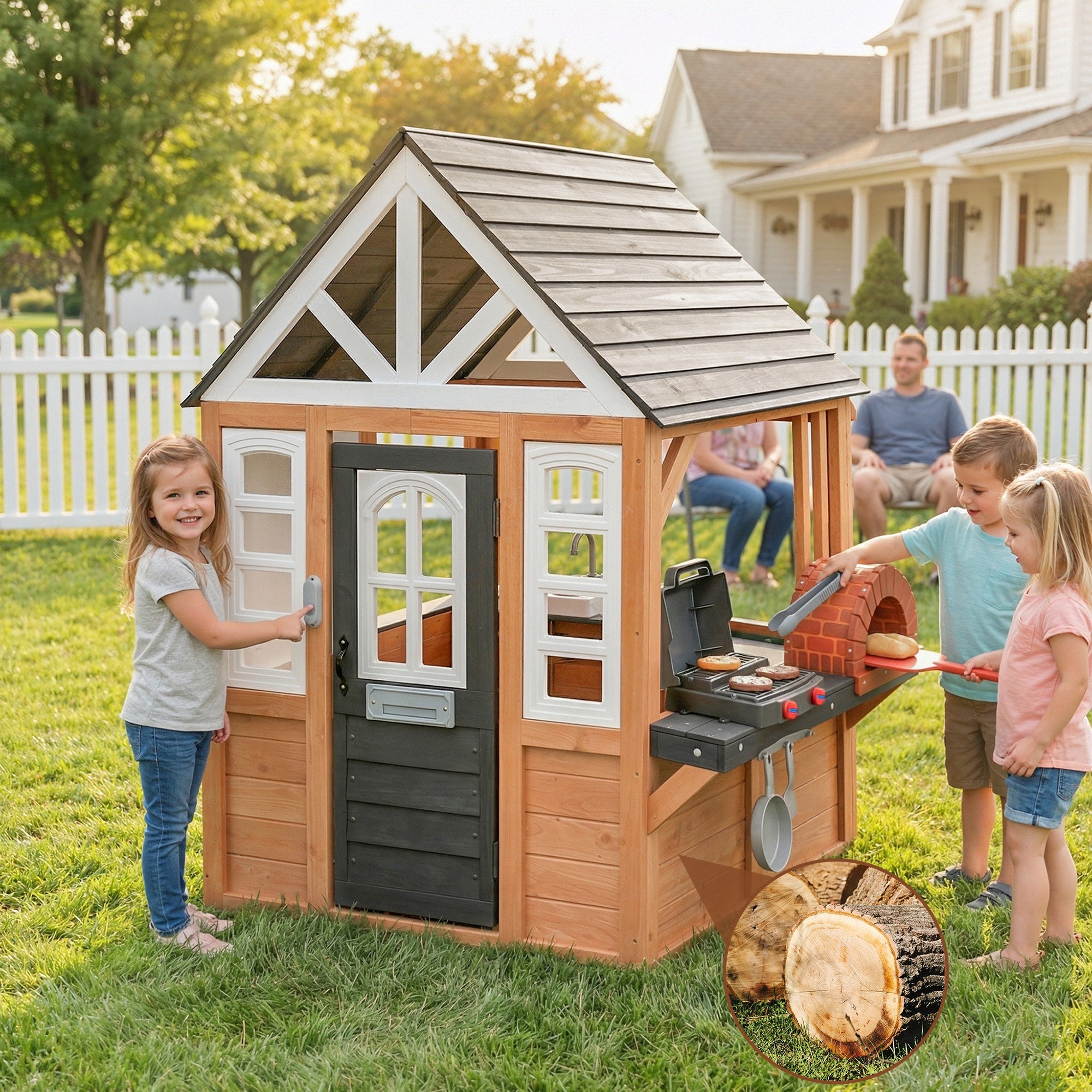 iYofe Kids Playhouse, Wooden Outdoor Playhouse for Kids, Pretend Play House for Toddlers 3-5 with Pizza Oven, Kitchen, Grill Area, Real Doorbell, Gift for Boys Girls Ages 3+